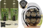 (Left) Close-up view of a single 25 mm by 15 mm LED flasher module. Over 5,000 of these were produced and tested before integration into the mDOM (right).