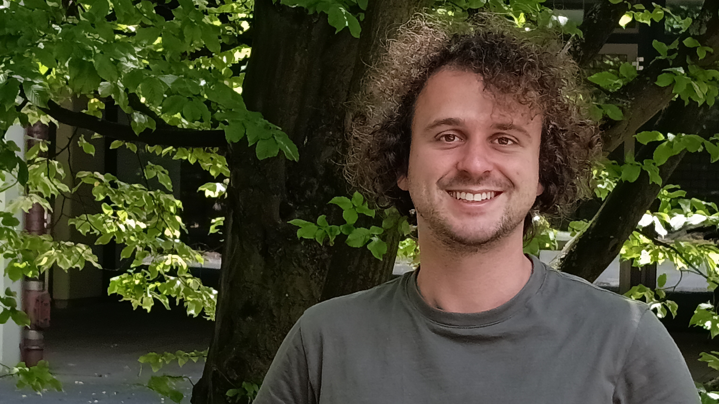 A headshot of a man with curly hair posing in front of a tree.