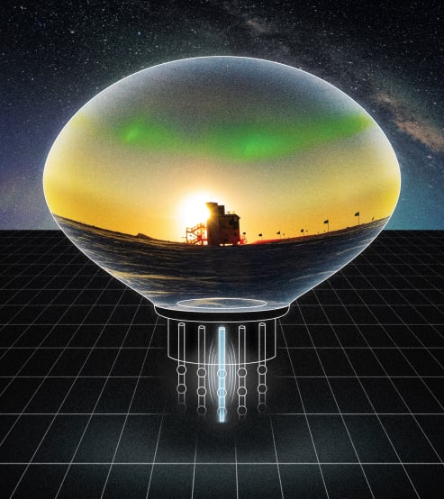 A South Pole scene of the IceCube Laboratory against a backdrop of auroras displayed inside an artistic rendition of a photomultiplier tube.