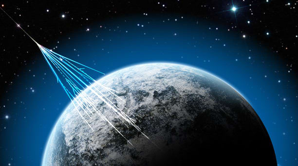 Rendering of cosmic rays hitting the Earth.