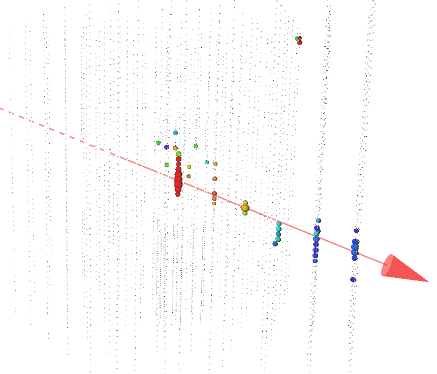 An event view of an IceCube starting track with red and blue