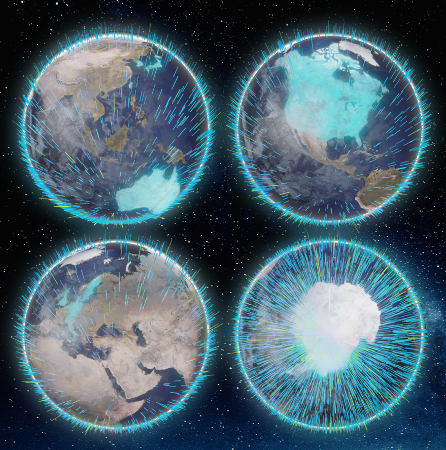 Four views of the globe showing highlighted countries with blue lines coming out depicting neutrinos