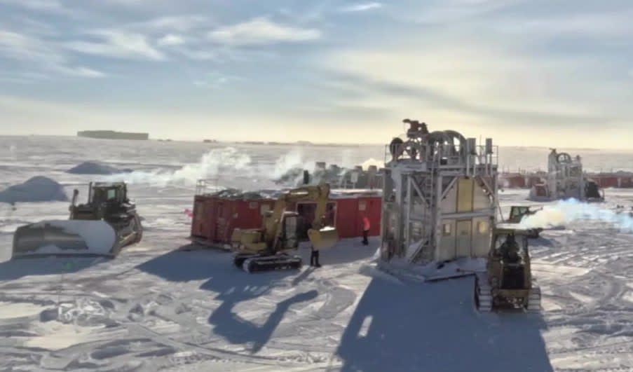 Steam emanating from snowplows working around the Upgrade drill camp.