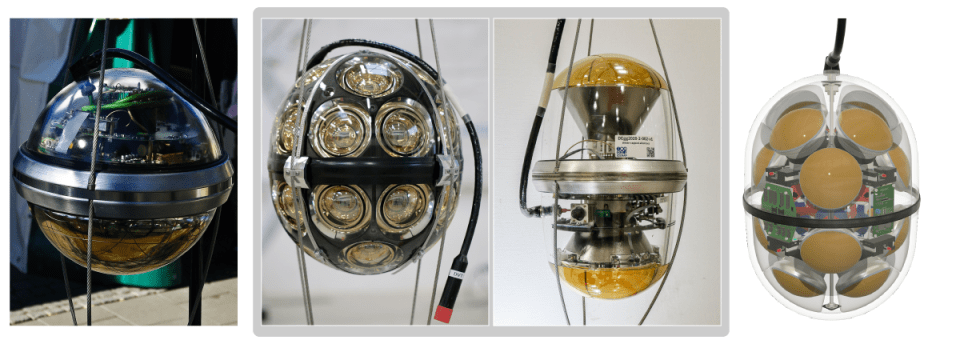 Current IceCube digital optical module (DOM) on left with two different new optical sensors, called mDOM (center-left) and D-Egg (center-right), to be tested in the seven IceCube Upgrade strings, and a schematic for new sensor (LOM) on right under design for IceCube-Gen2.