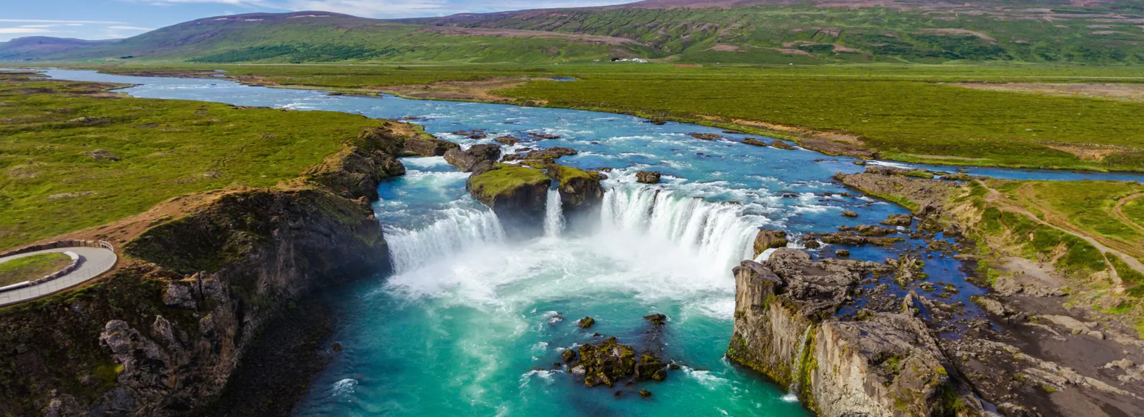 Aerial view of Godafoss waterfall