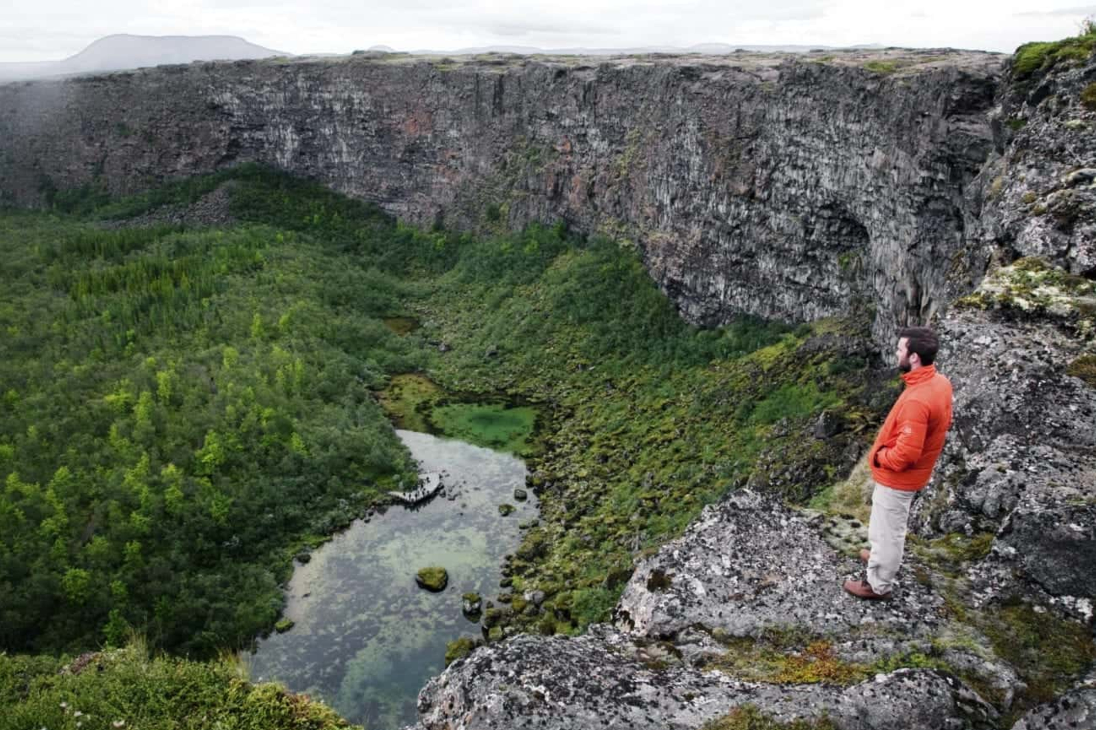 Man standing on edge of Ásbyrgi canyon.
