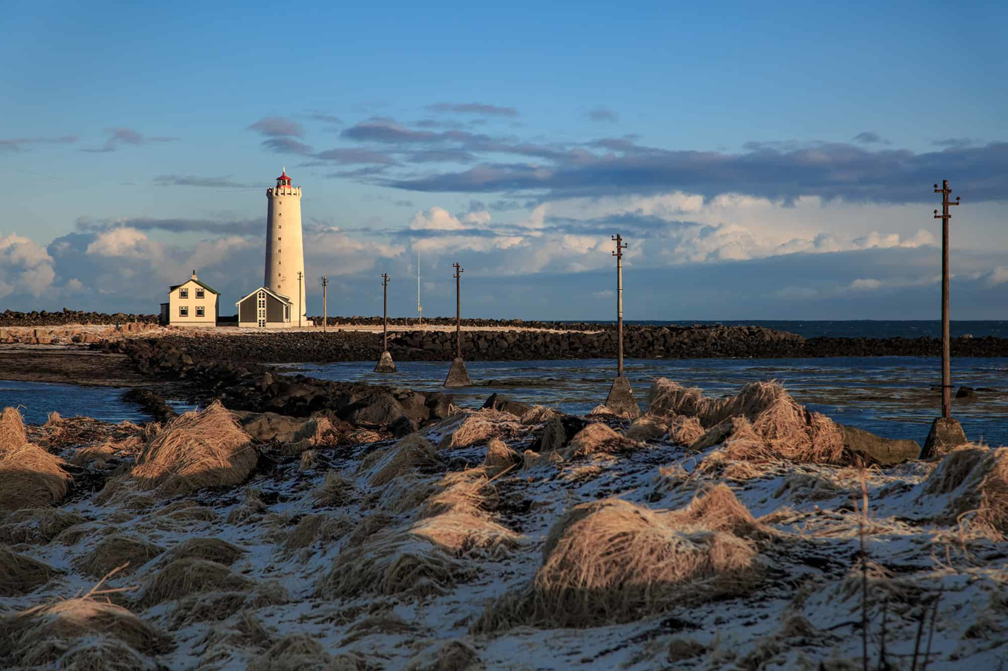 Lighthouse at Grótta peninsula nature reserve in Seltjarnarnes