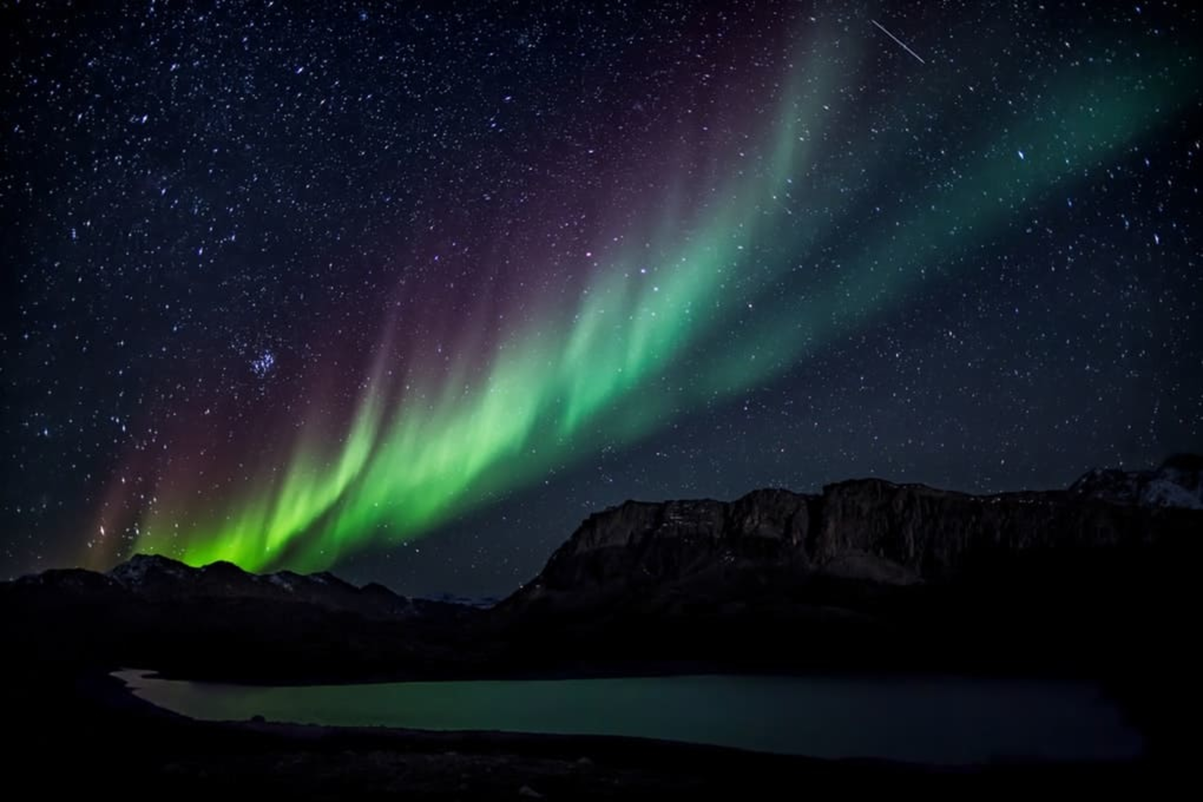 Aurora borealis over the sea and snowy mountains