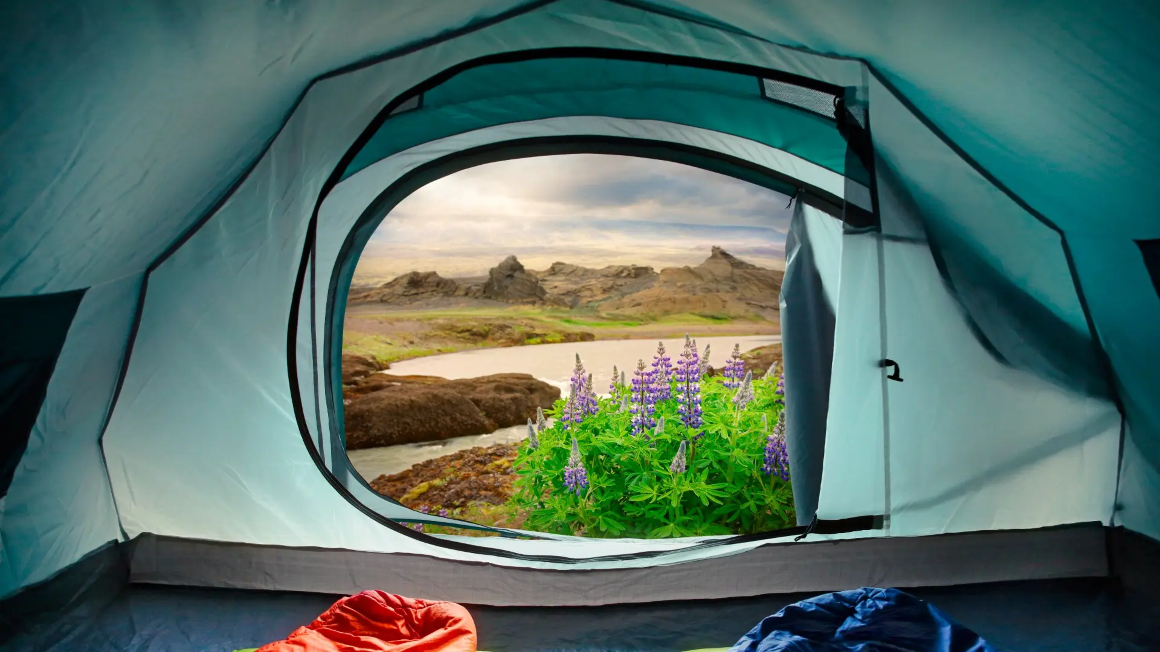 Mountain and river view, camping in Iceland