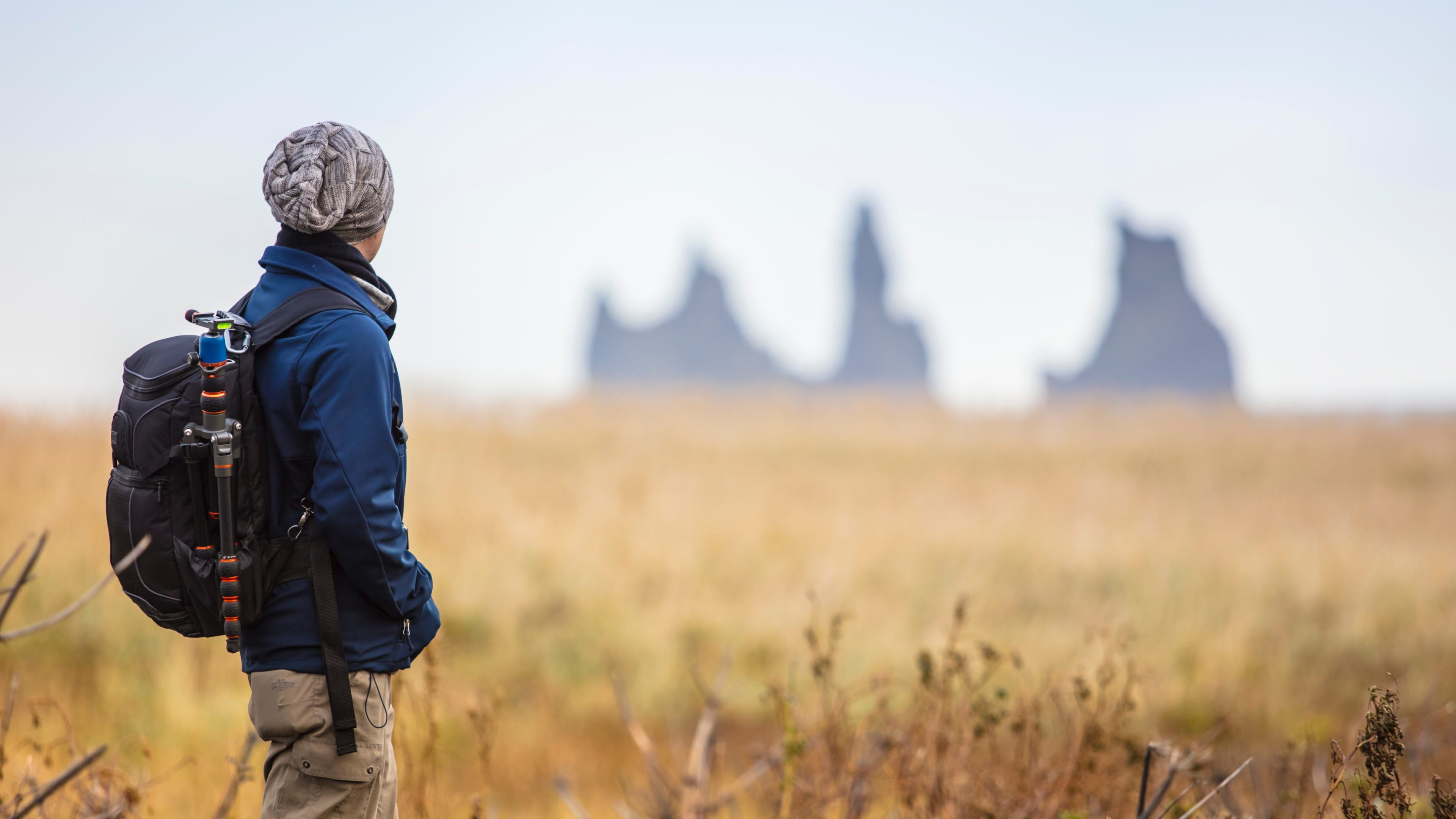 A man standing in front of the Reynisdrangar sea stacks