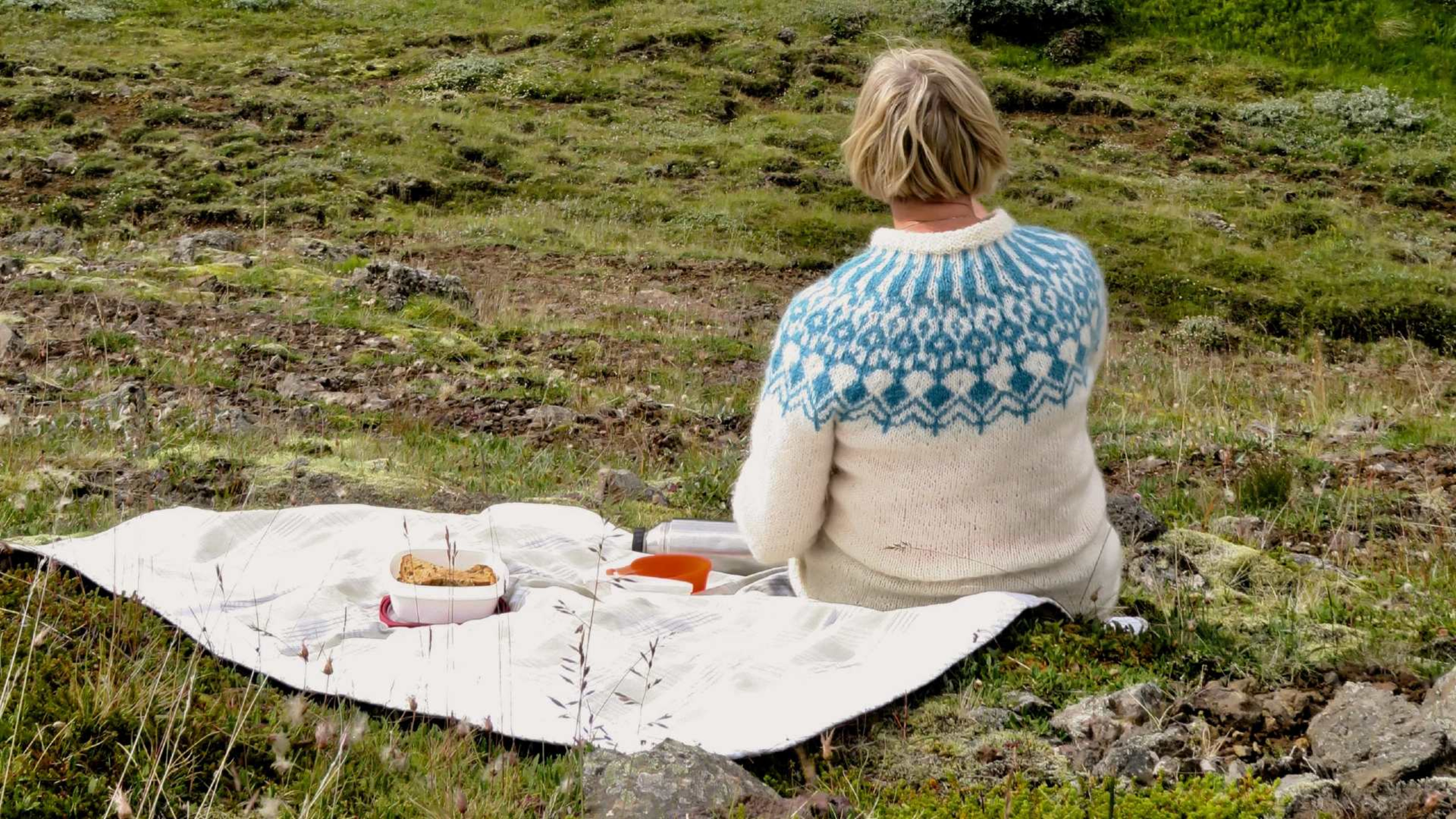Person eating a picnic near Hraun, Iceland.