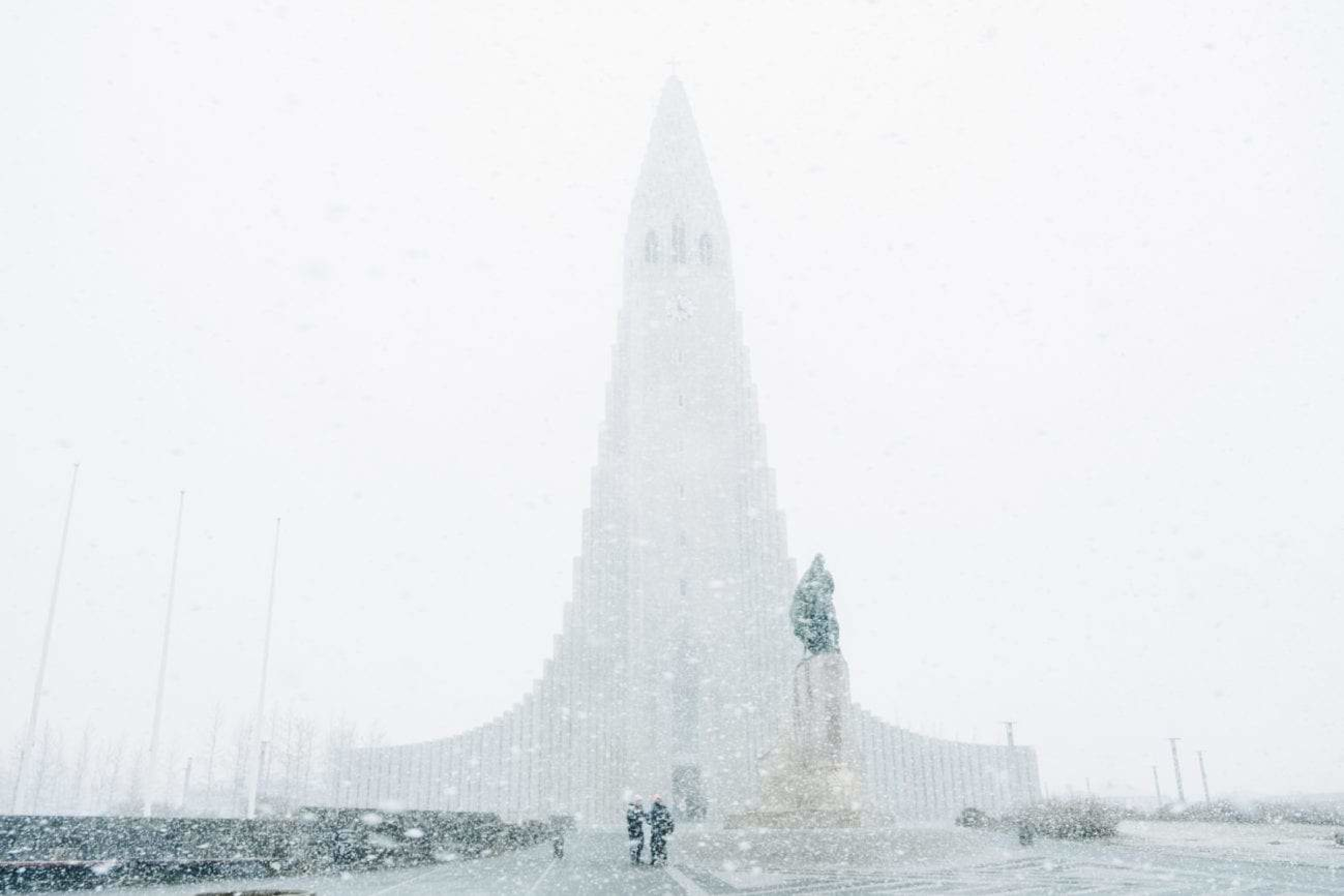 Hallgrimskirkja cathedral in Reykjavik in winter snowfall