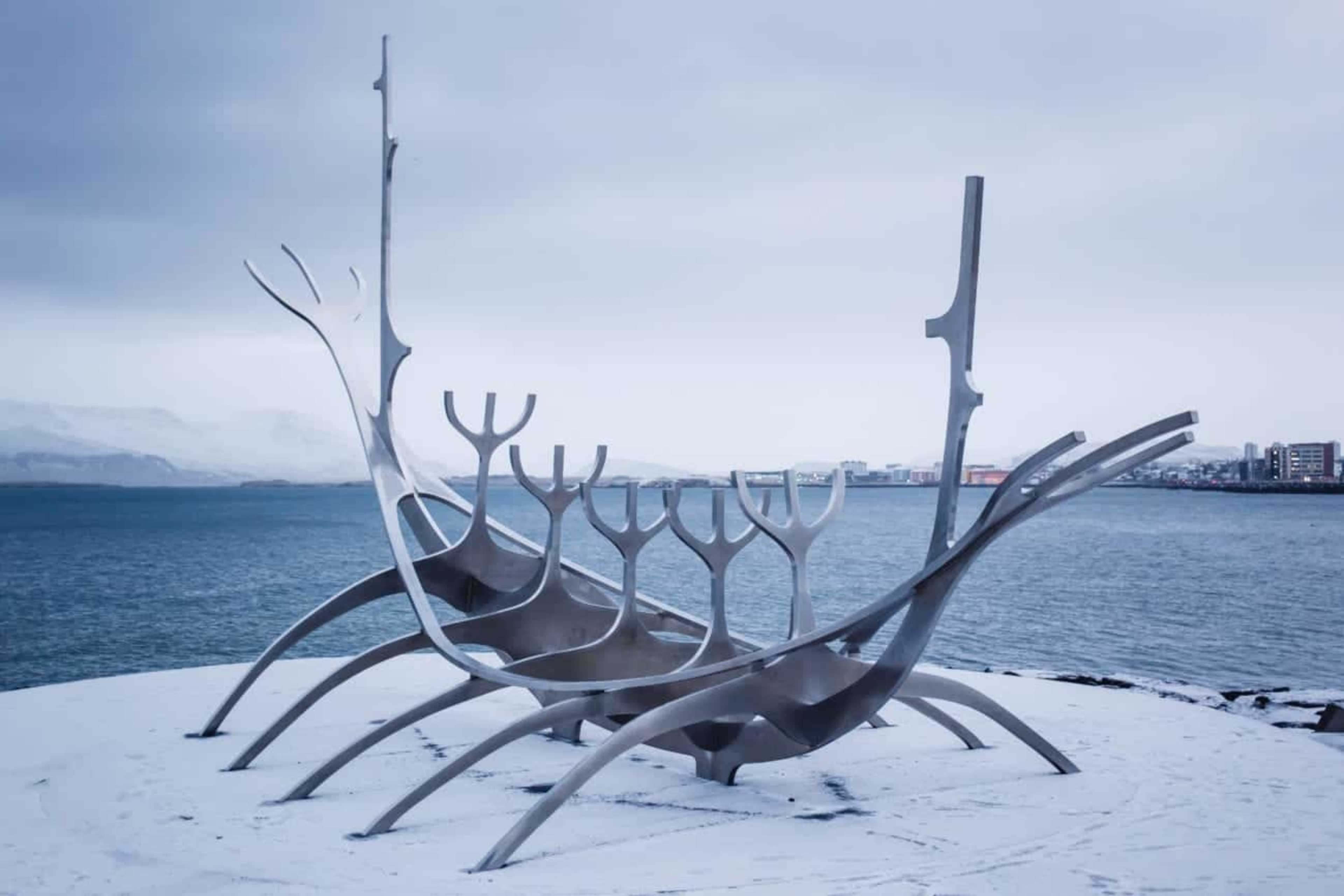 Reykjavik's Sun Voyager Viking sculpture in the snow