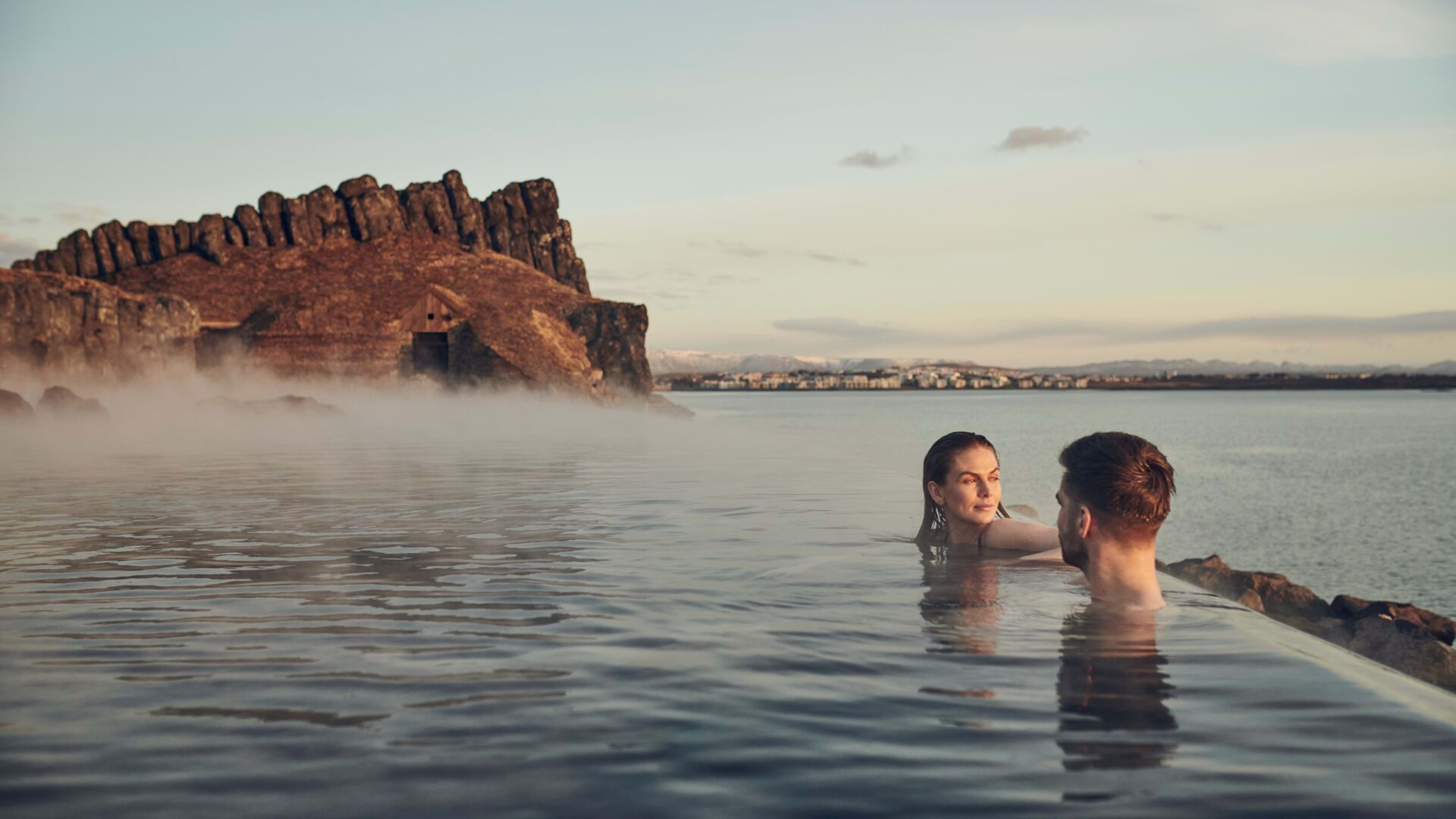 Couple at Sky Lagoon in Iceland.
