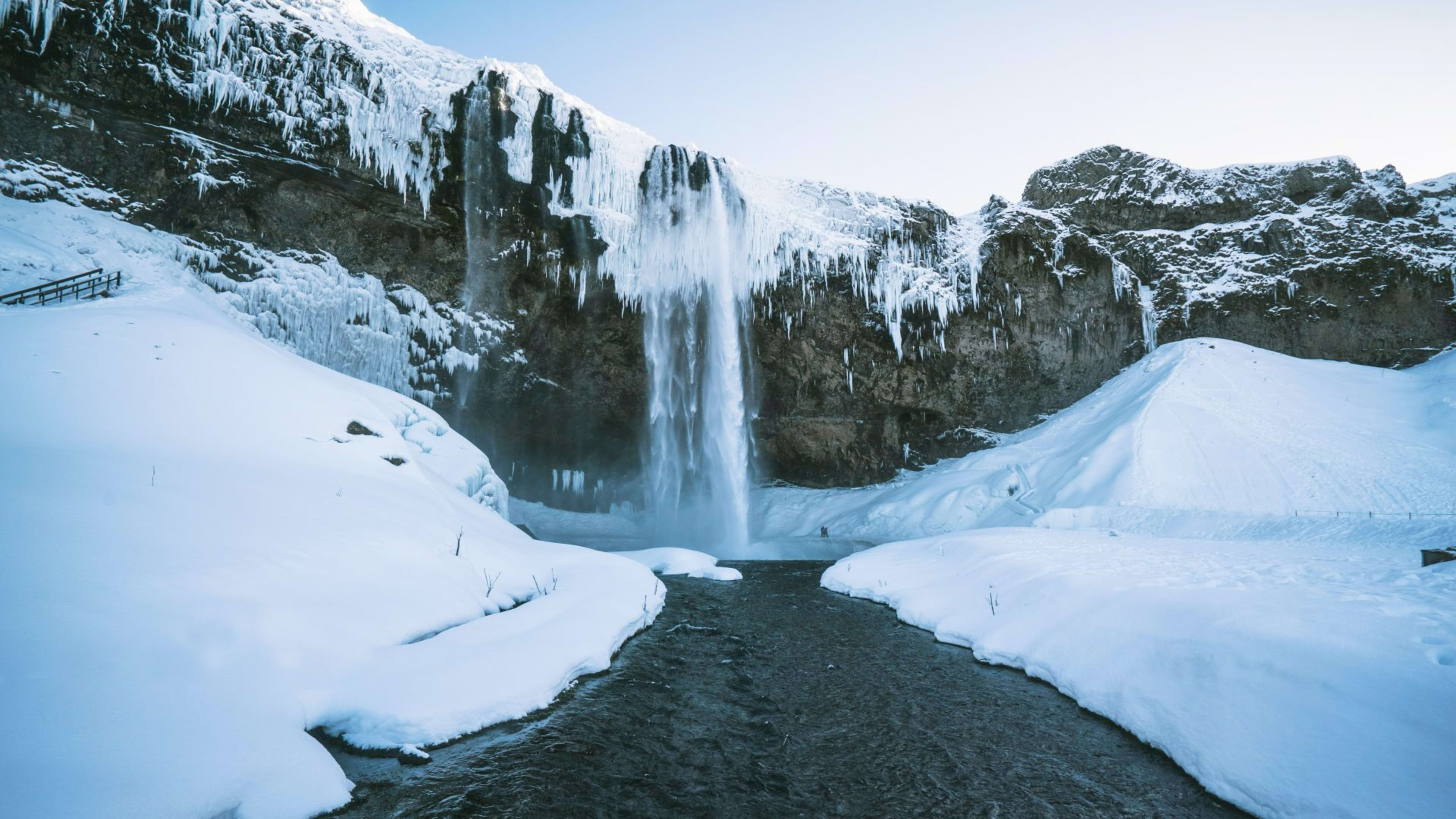 The Seljalandsfoss waterfall covered in icicles