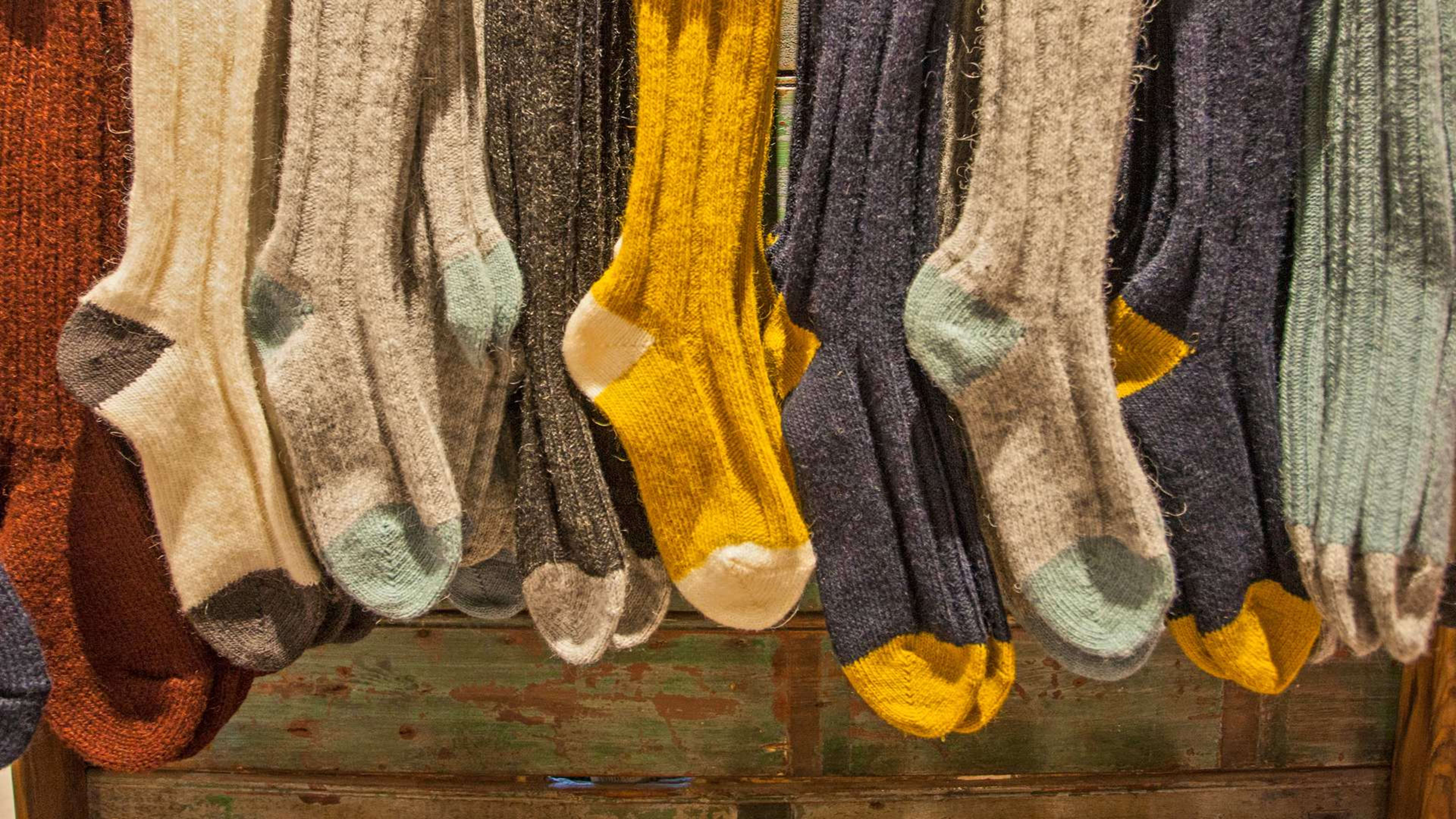 Woollen socks hanging in an Icelandic souvenir shop