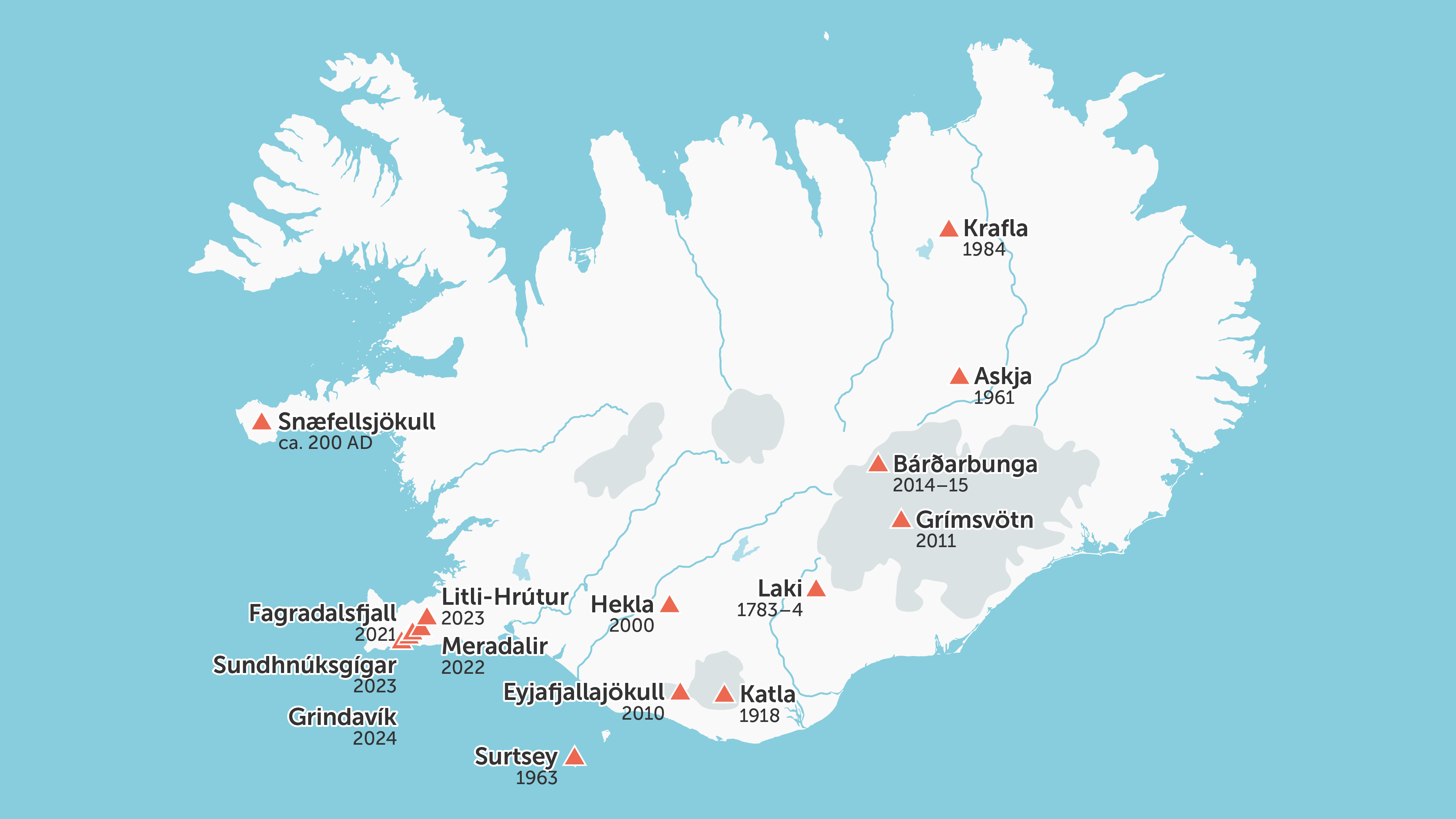 A map of recent volcanic eruptions in Iceland