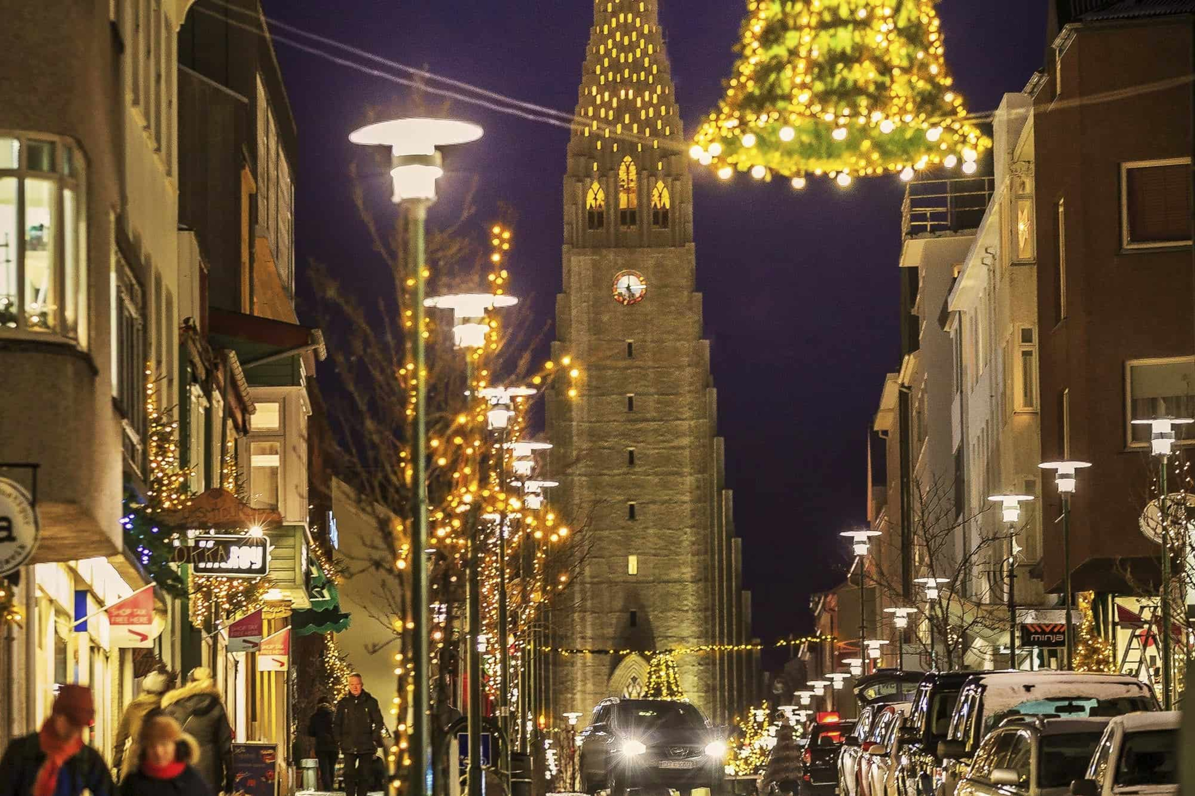 Christmas decorations in the streets of Reykjavik