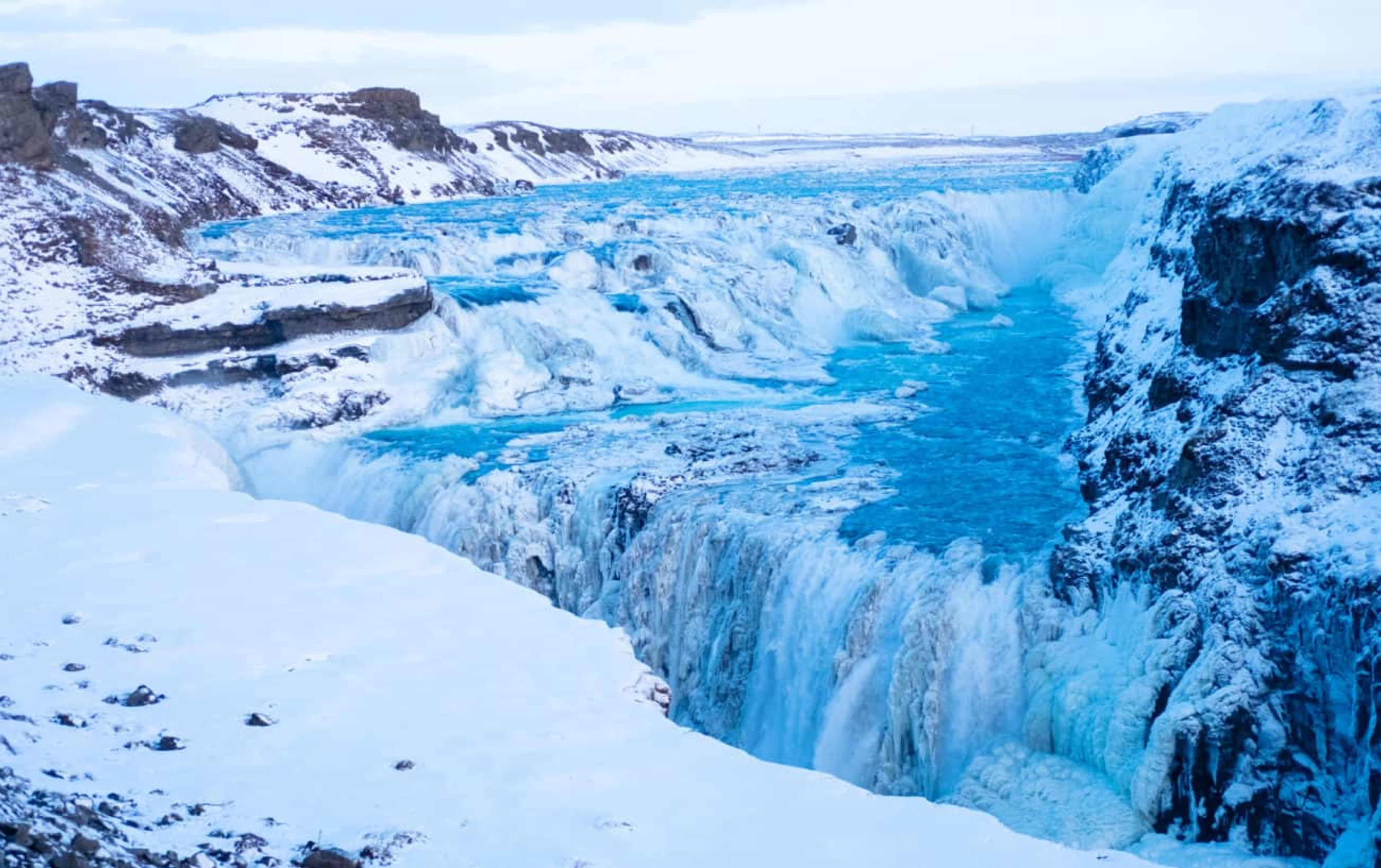 Aerial view of Gullfoss Waterfall in Winter