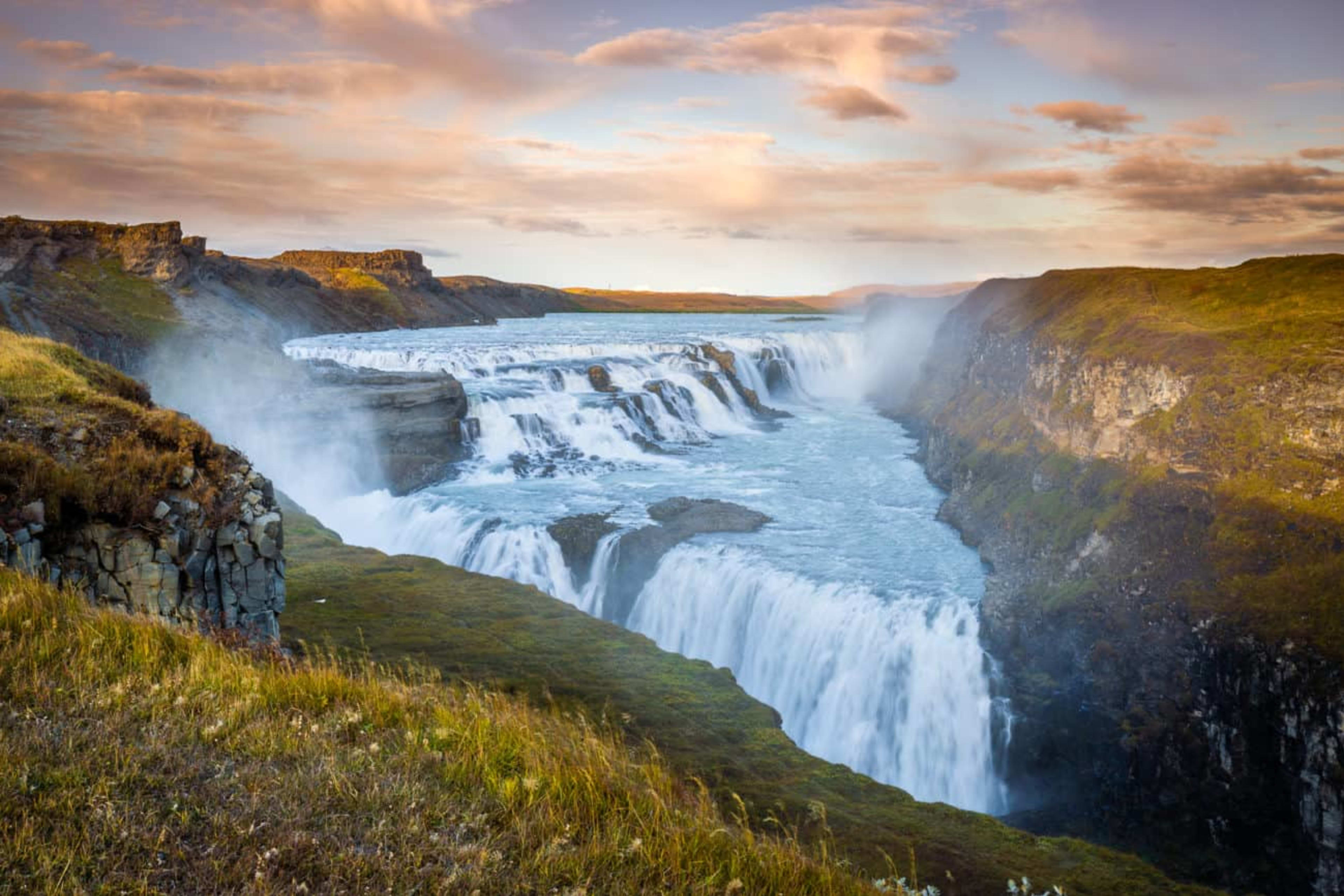 Aerial view of sunset over Gullfoss waterfall in Iceland