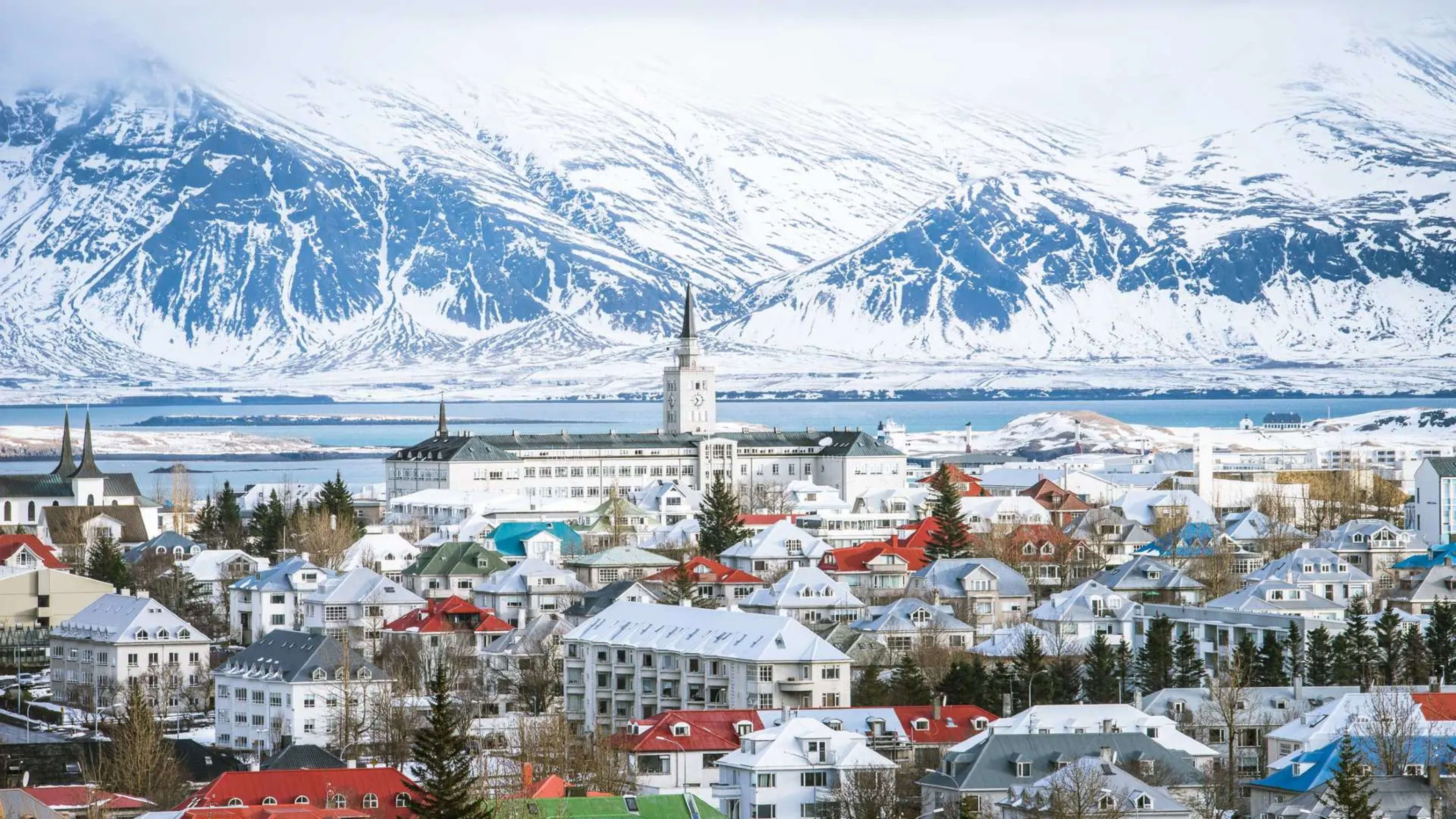 Reykjavik and Mount Esja covered in snow