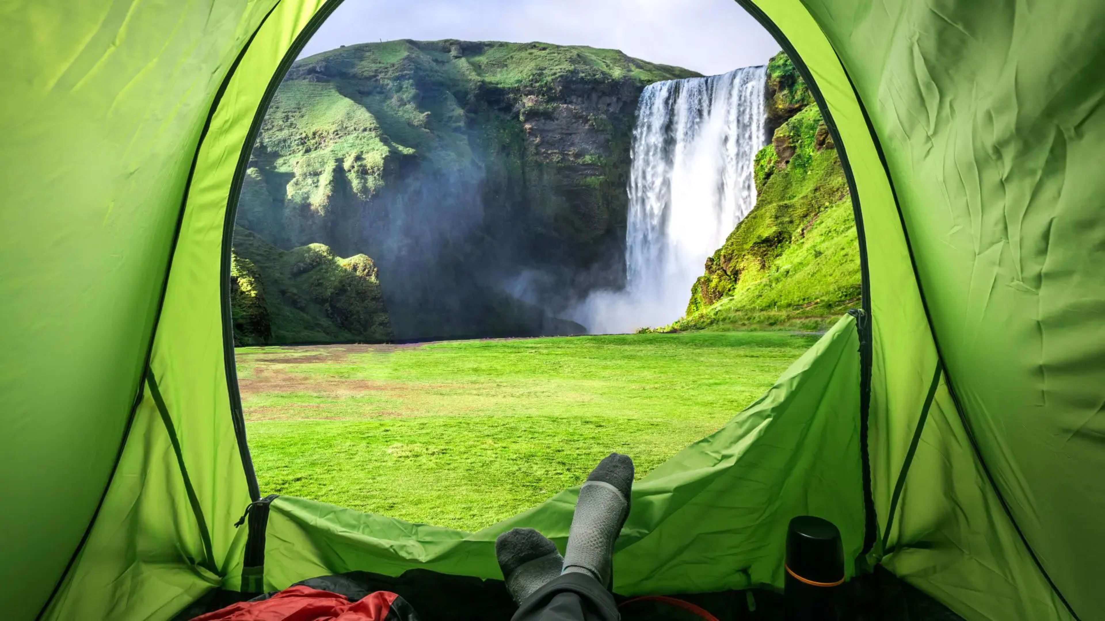 Camping by Skógafoss waterfall in Iceland