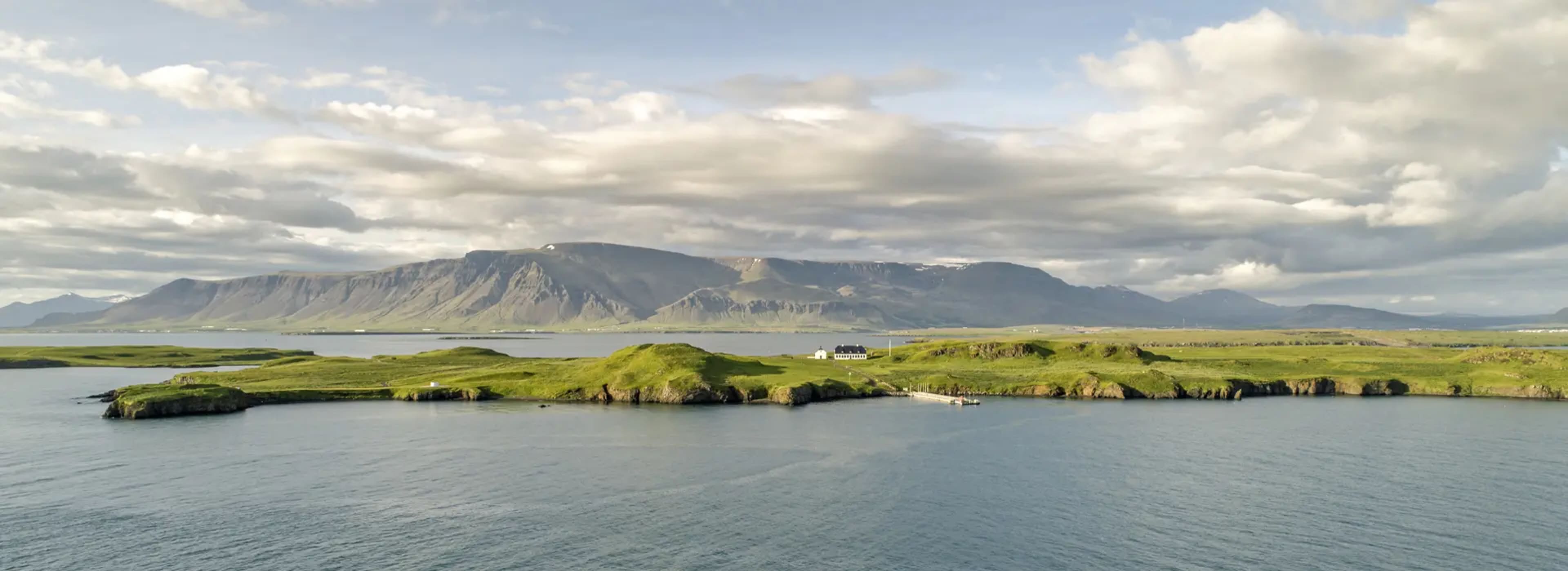 Videy island landscape with Esja mountain in the background