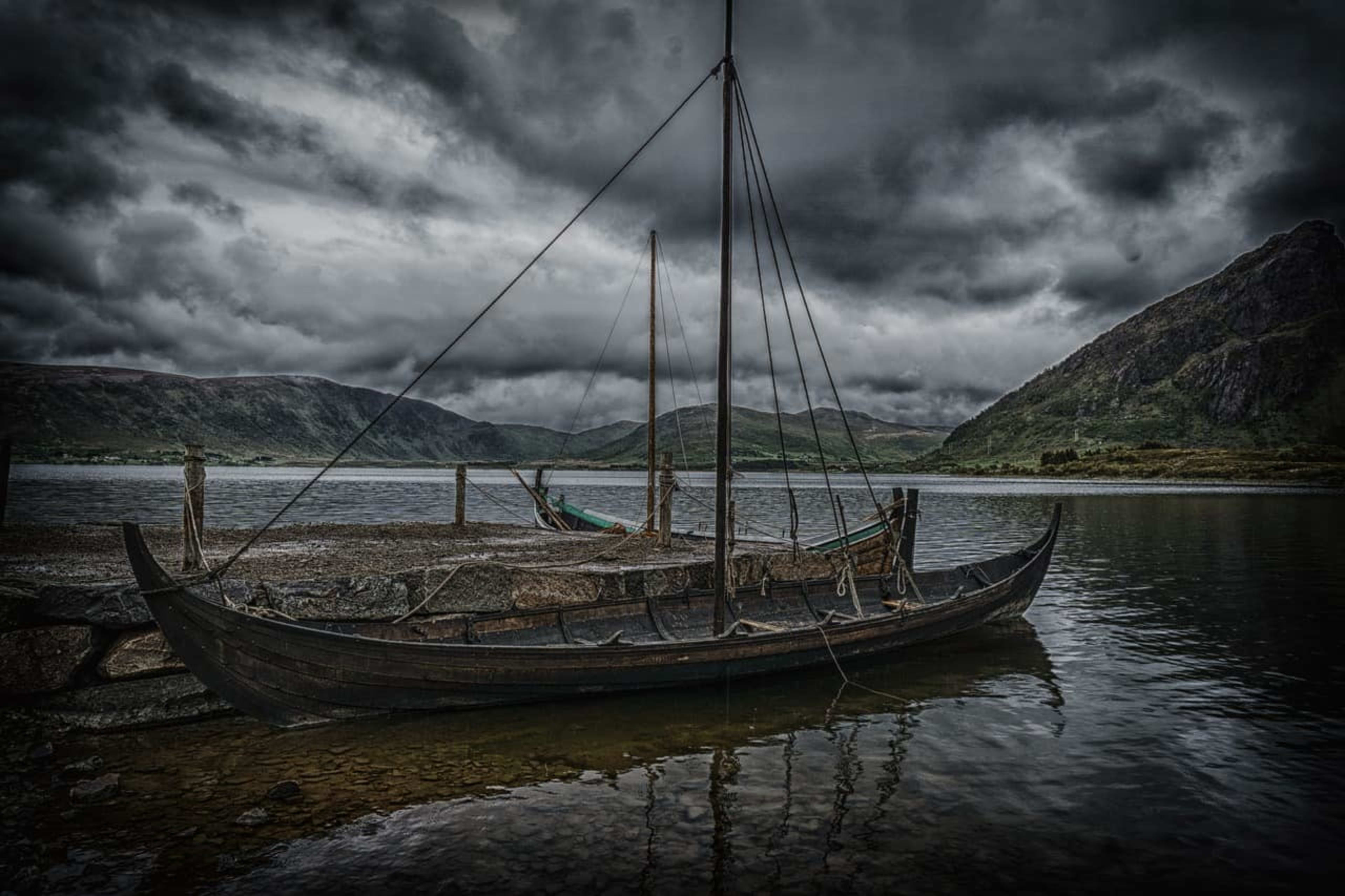 Viking boat and moody skies in Iceland