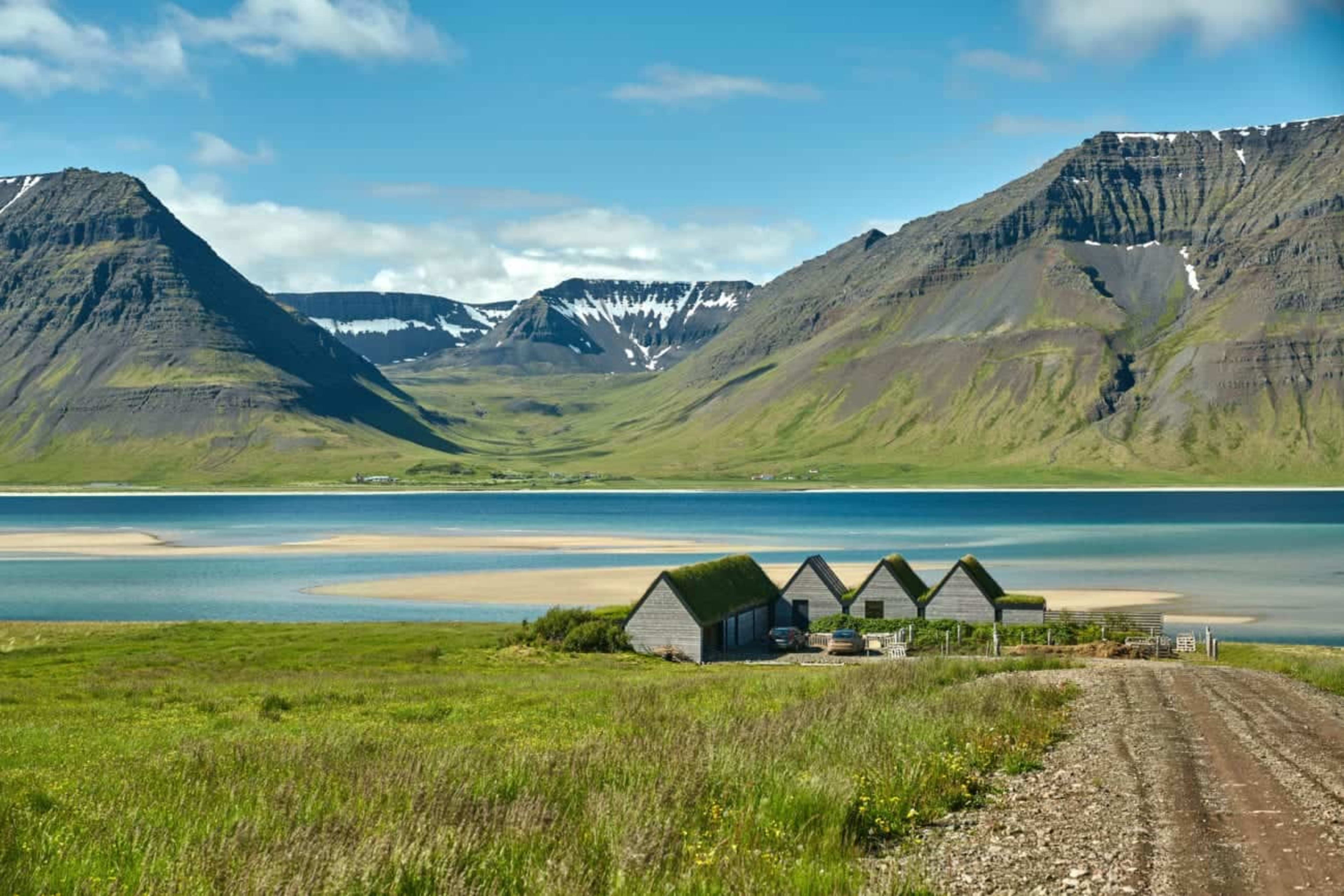 View of the road to houses in the Westfjords