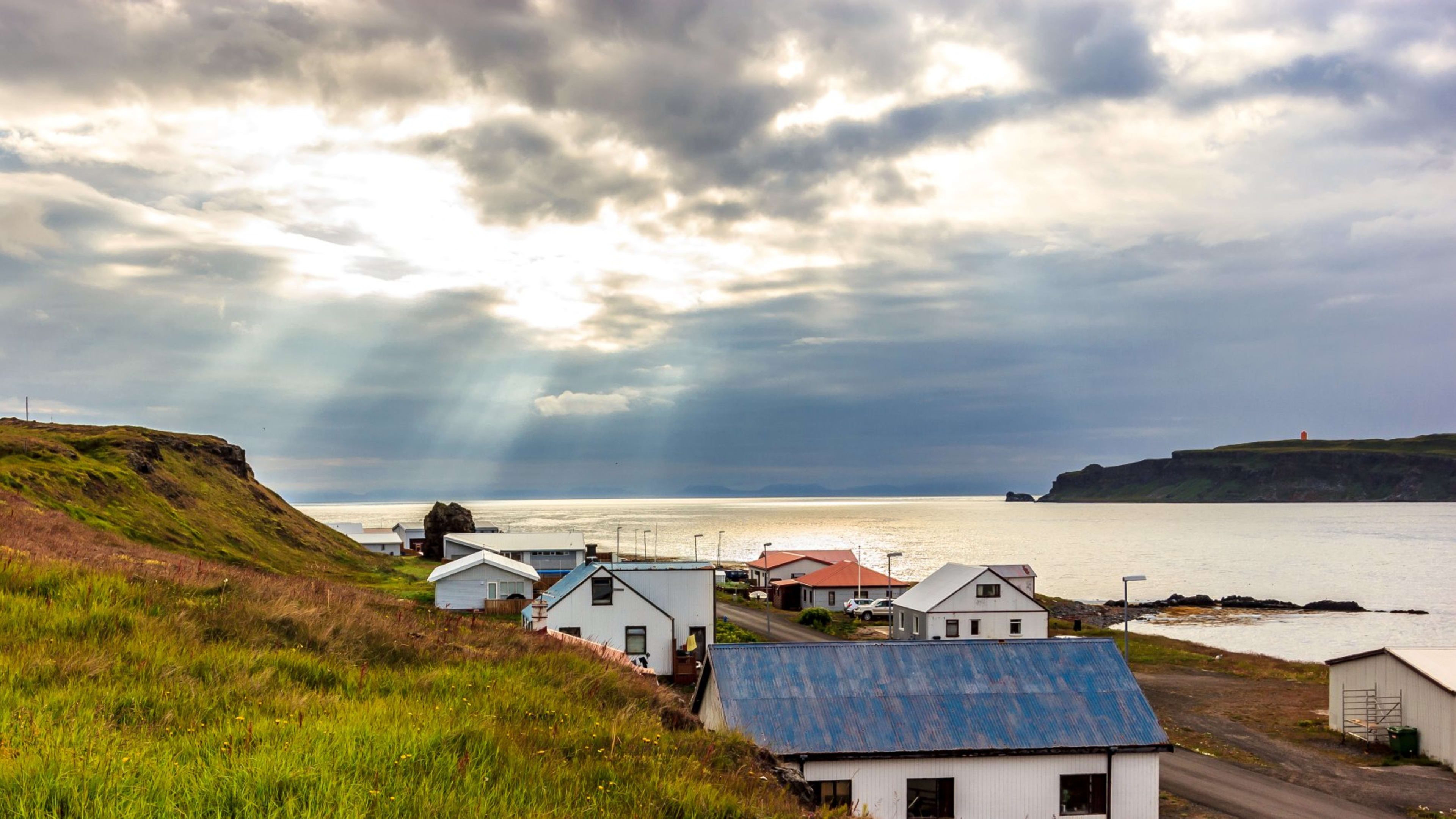 The village of Drangsnes in the Westfjords at sunset