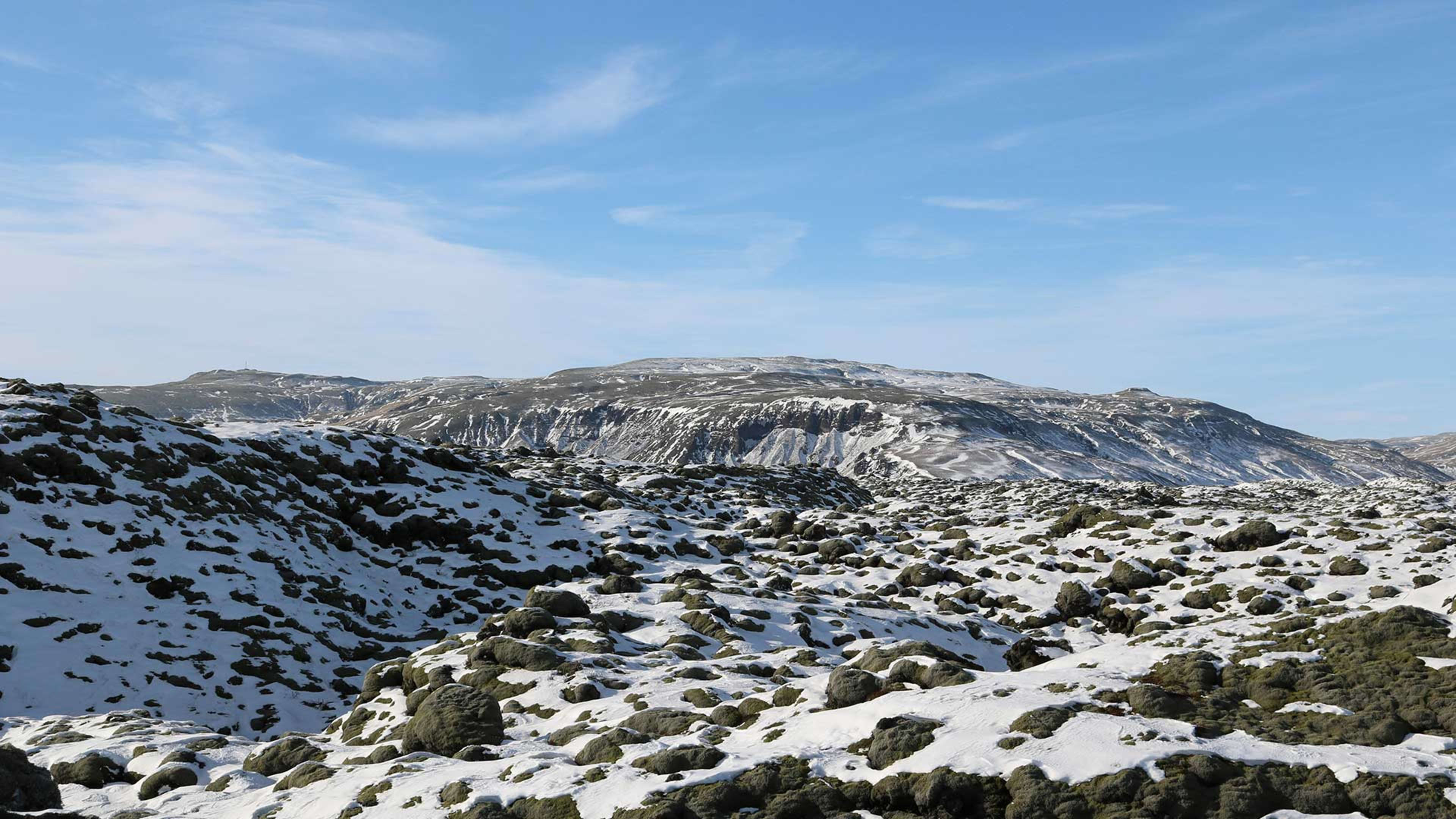 Snow-covered Eldhraun lava field in Iceland
