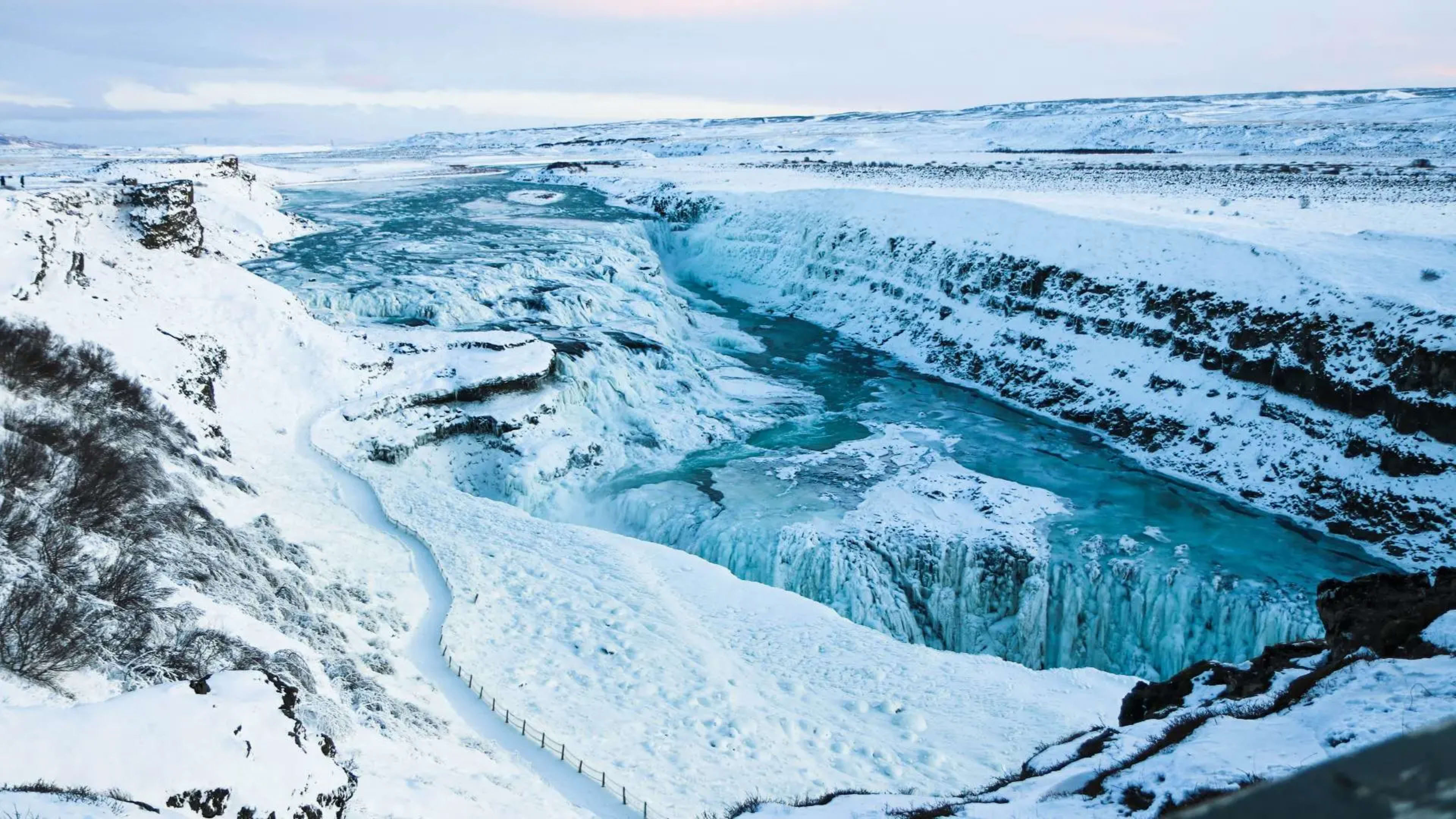 Frozen and snowy Gullfoss waterfall in winter