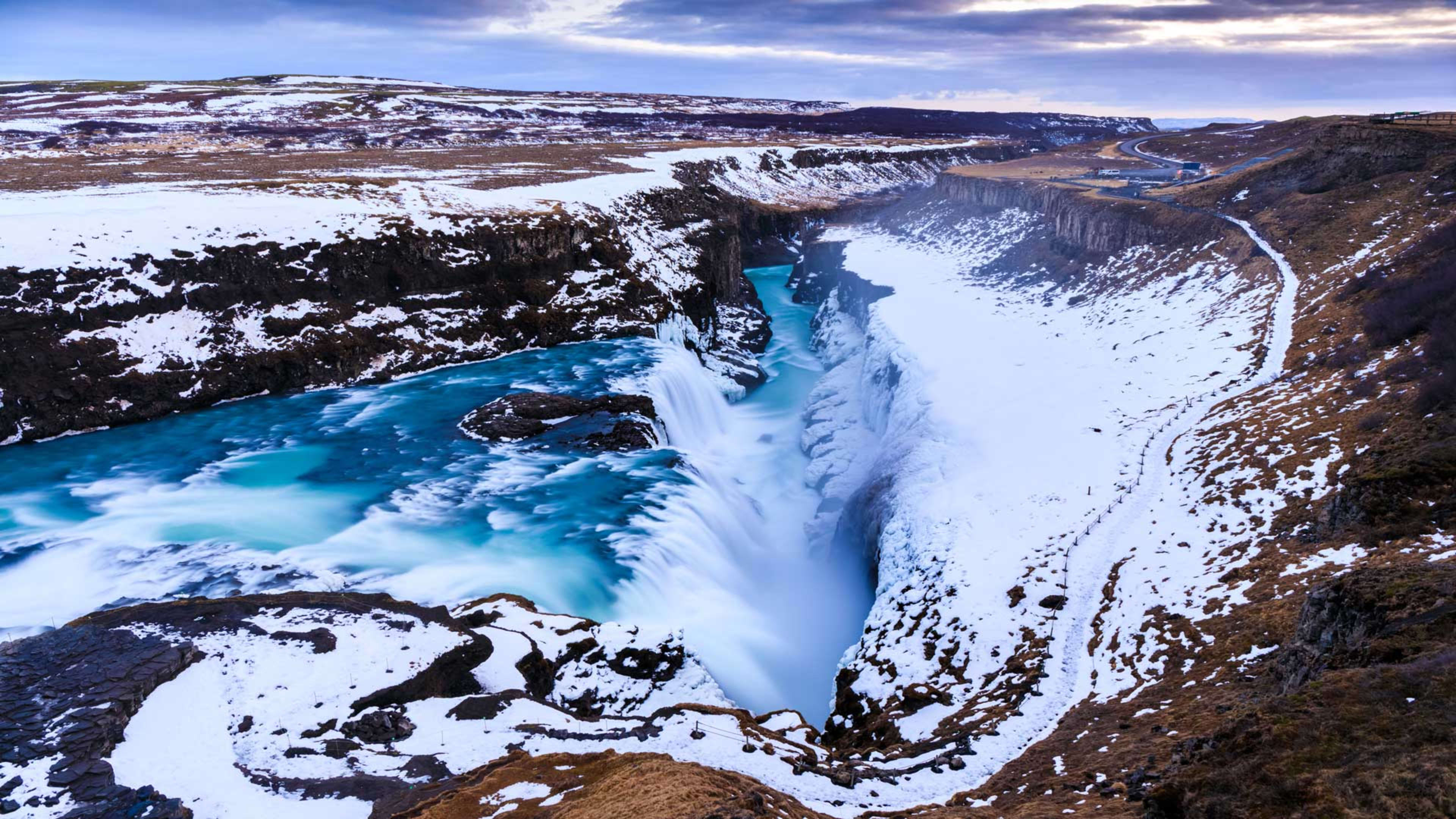 Snow-covered Gullfoss waterfall in winter