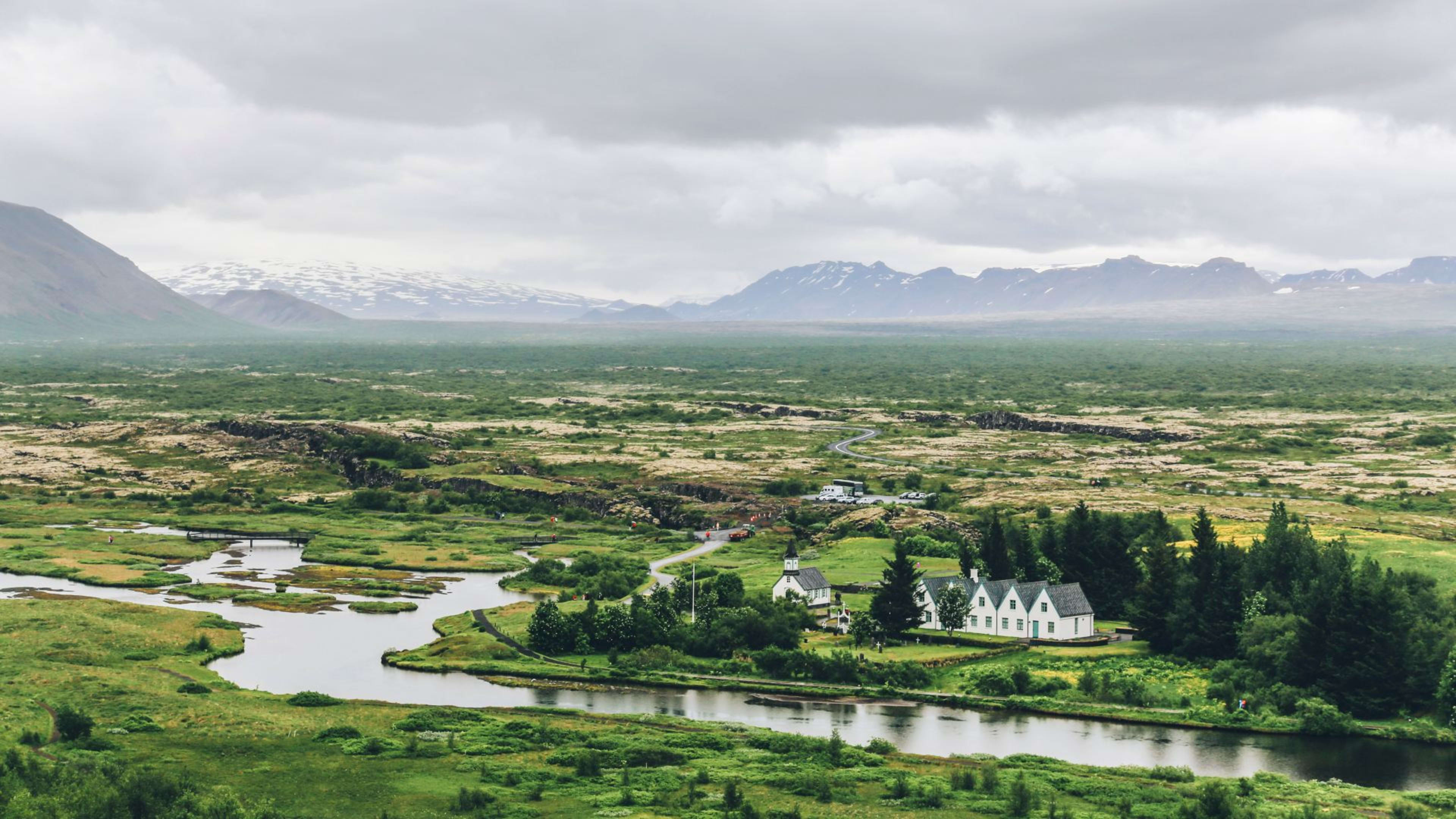 Houses at Þingvellir National Park on a cloudy day