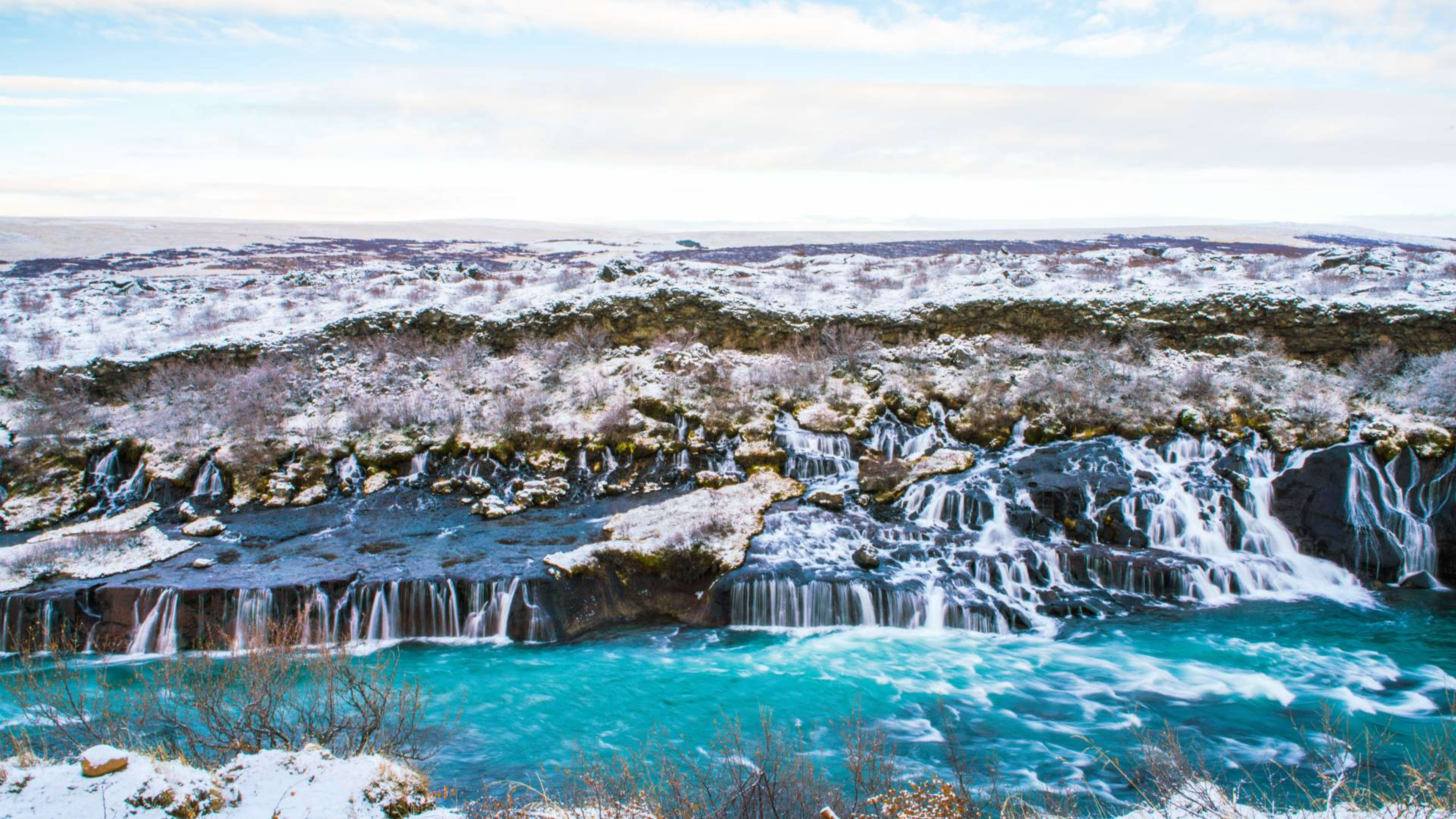 The Hraunfossar waterfall in winter