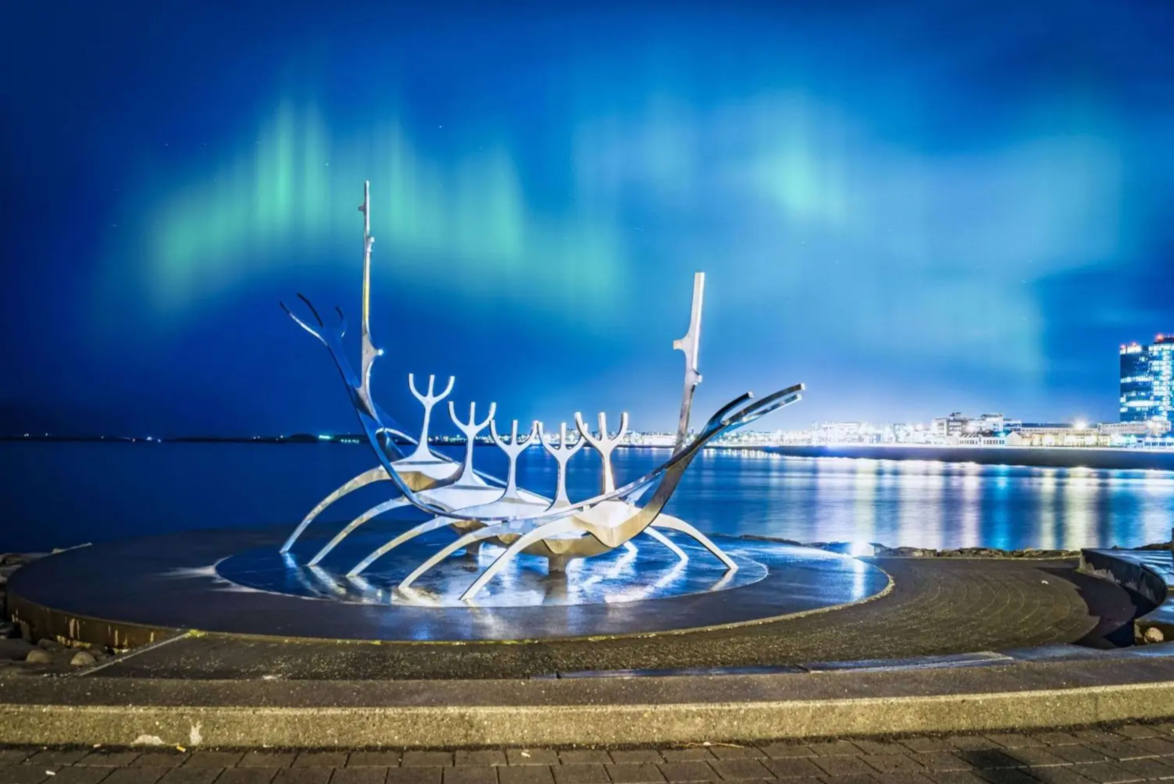 The Sun Voyager sculpture with Northern Lights, Reykjavik