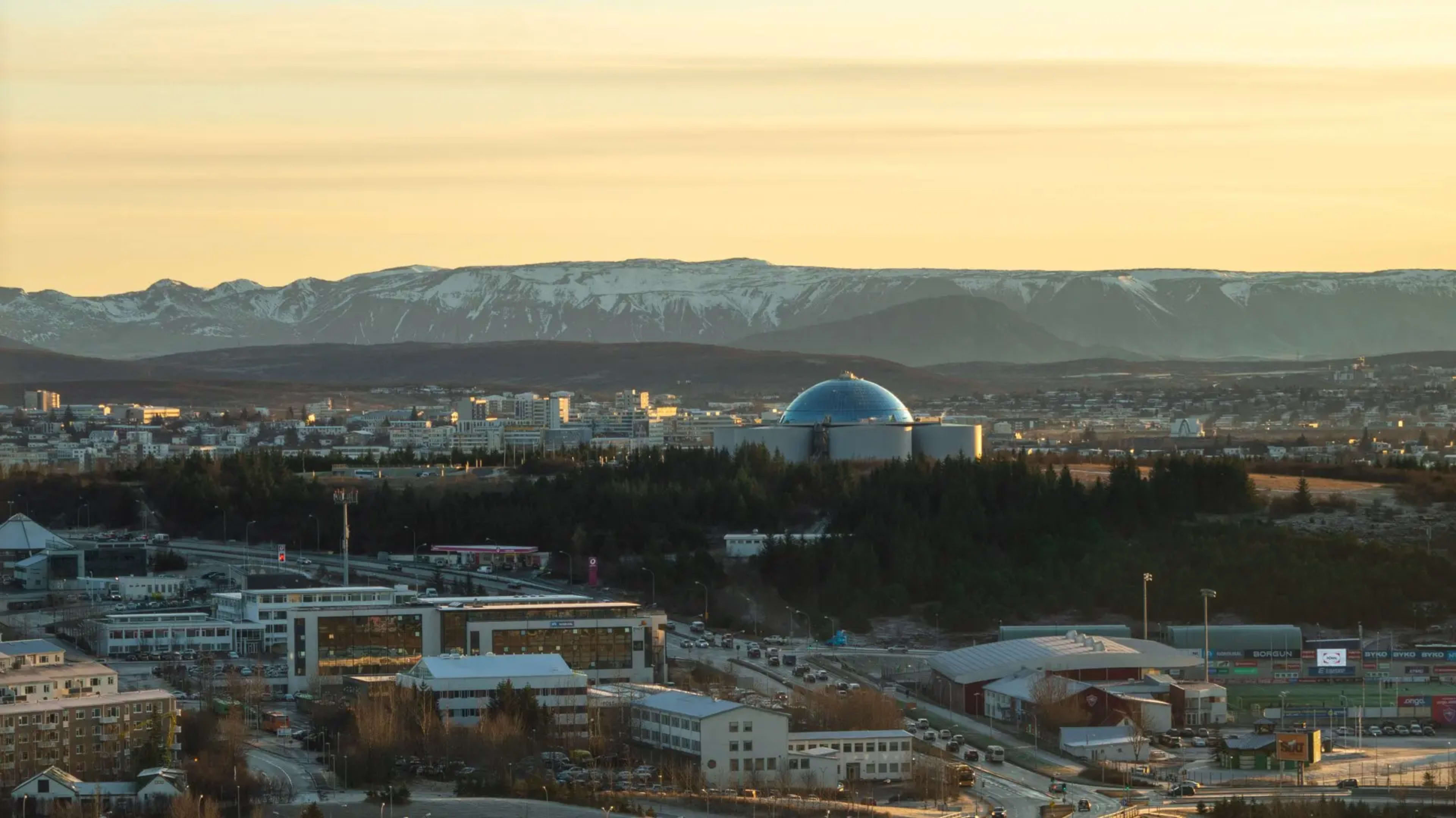 The Perlan building at sunset