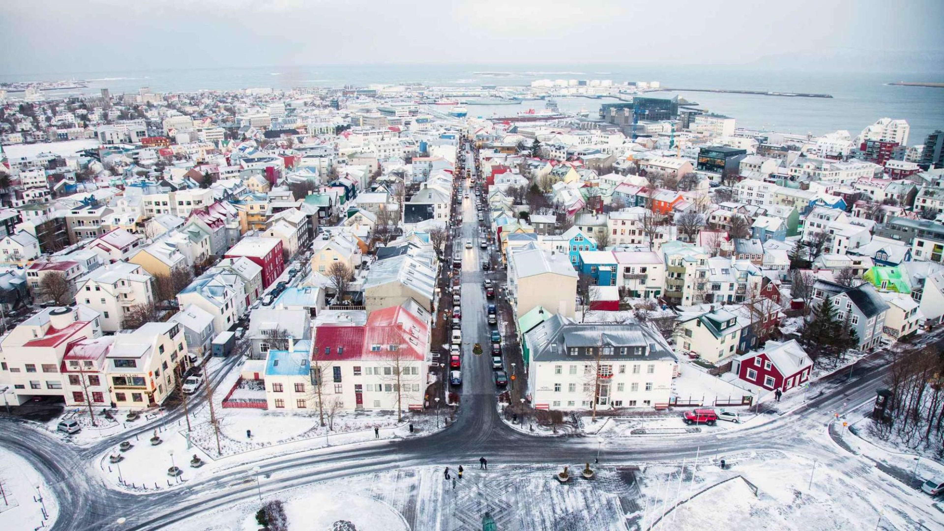 Reykjavík covered in snow as seen from Hallgrímskirkja