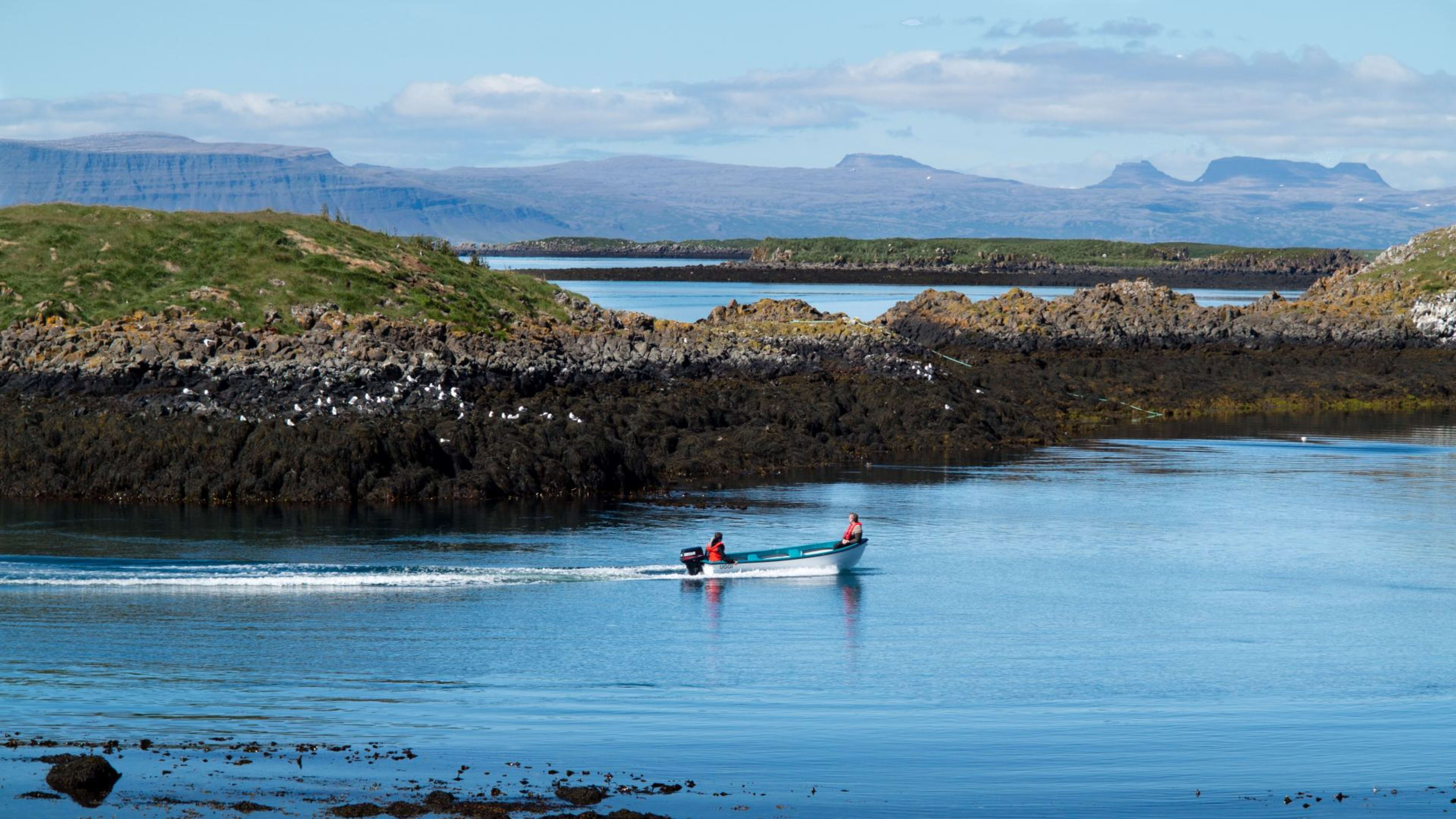 A small boat sailing past the island of Flatey