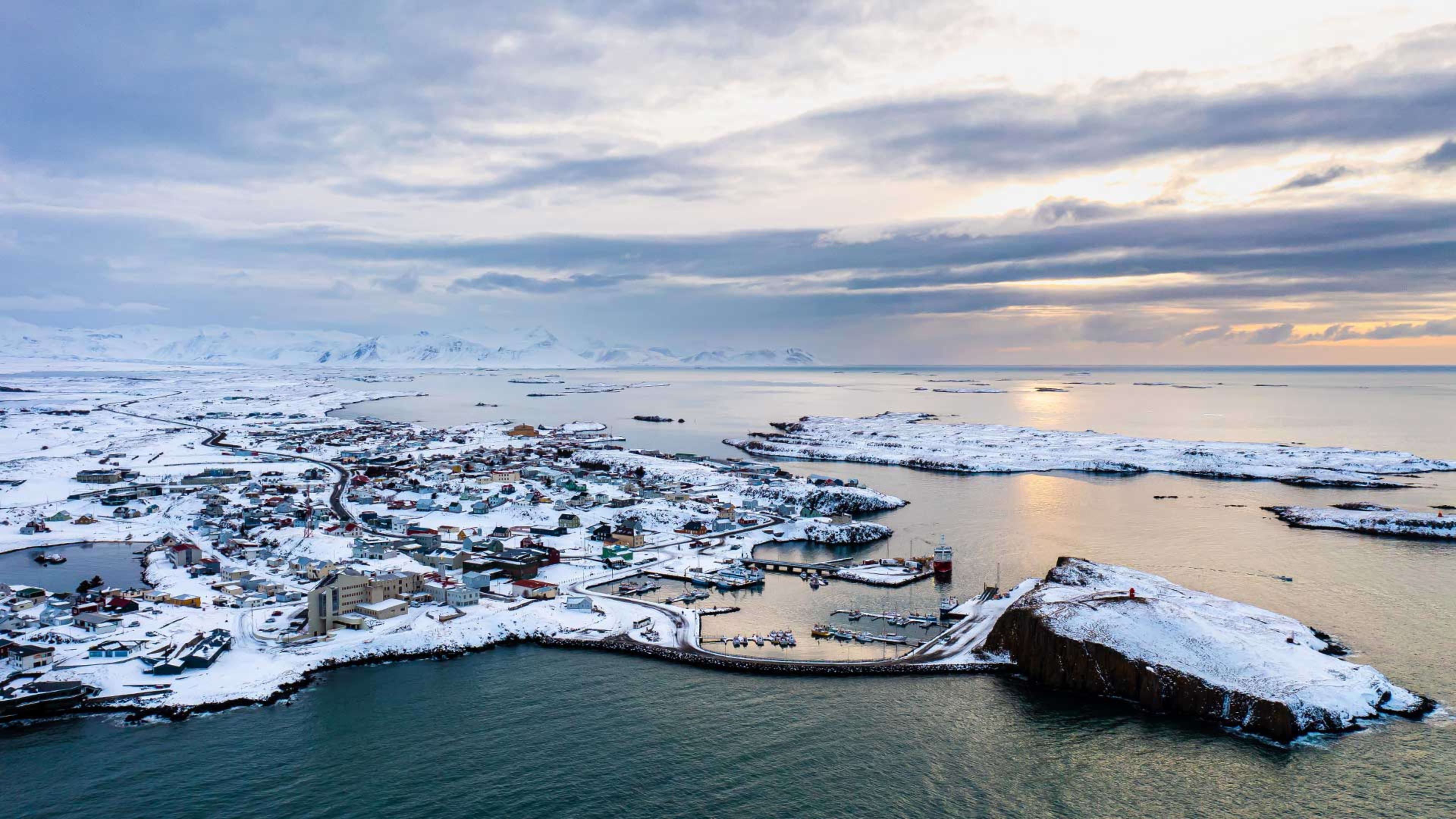 View over snow-covered Stykkishólmur in winter