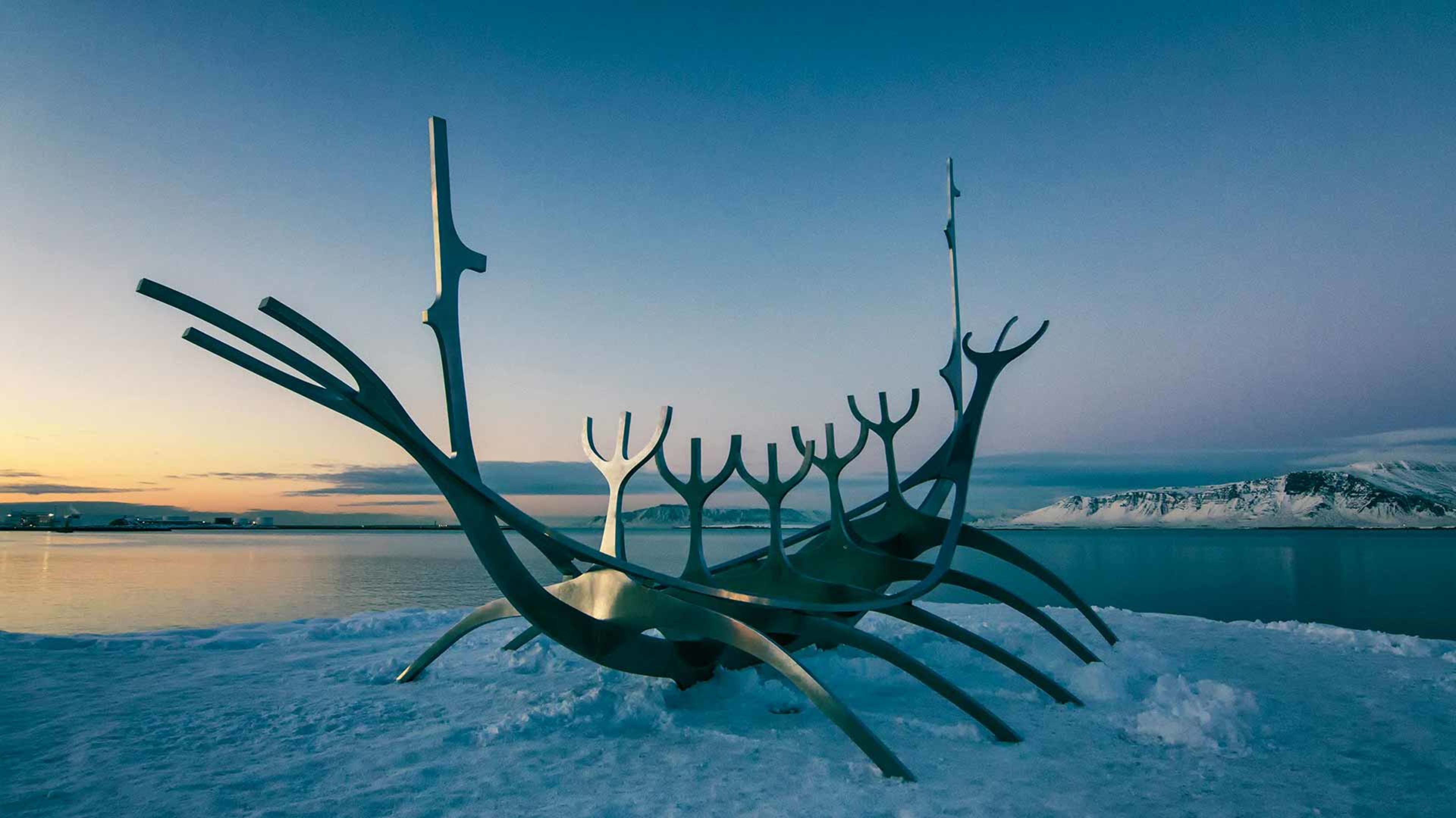The Sun Voyager sculpture on a snowy winters evening in Iceland