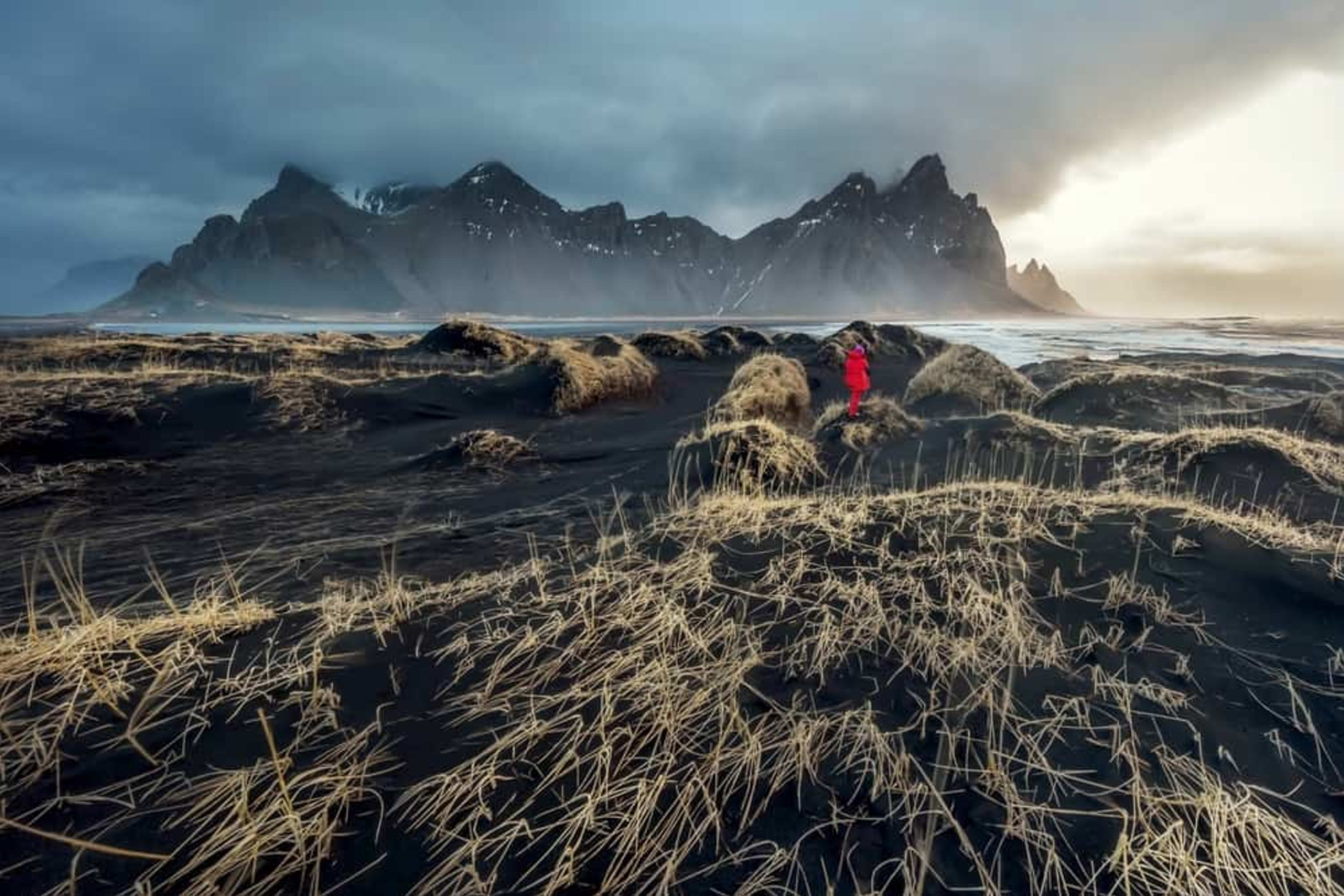 Vestrahorn mountains and black sand dunes in East Iceland