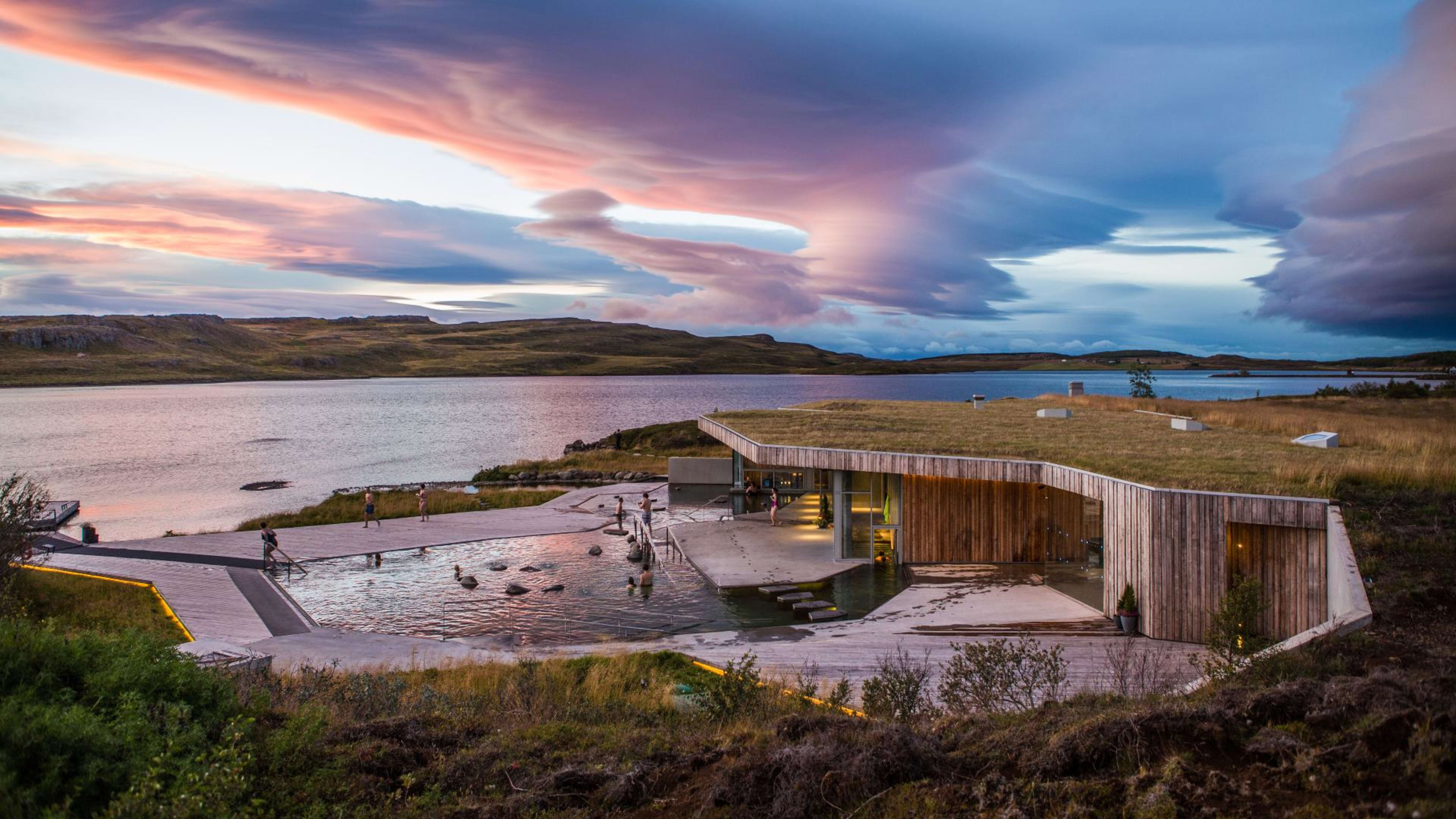 The Vök Baths at sunset