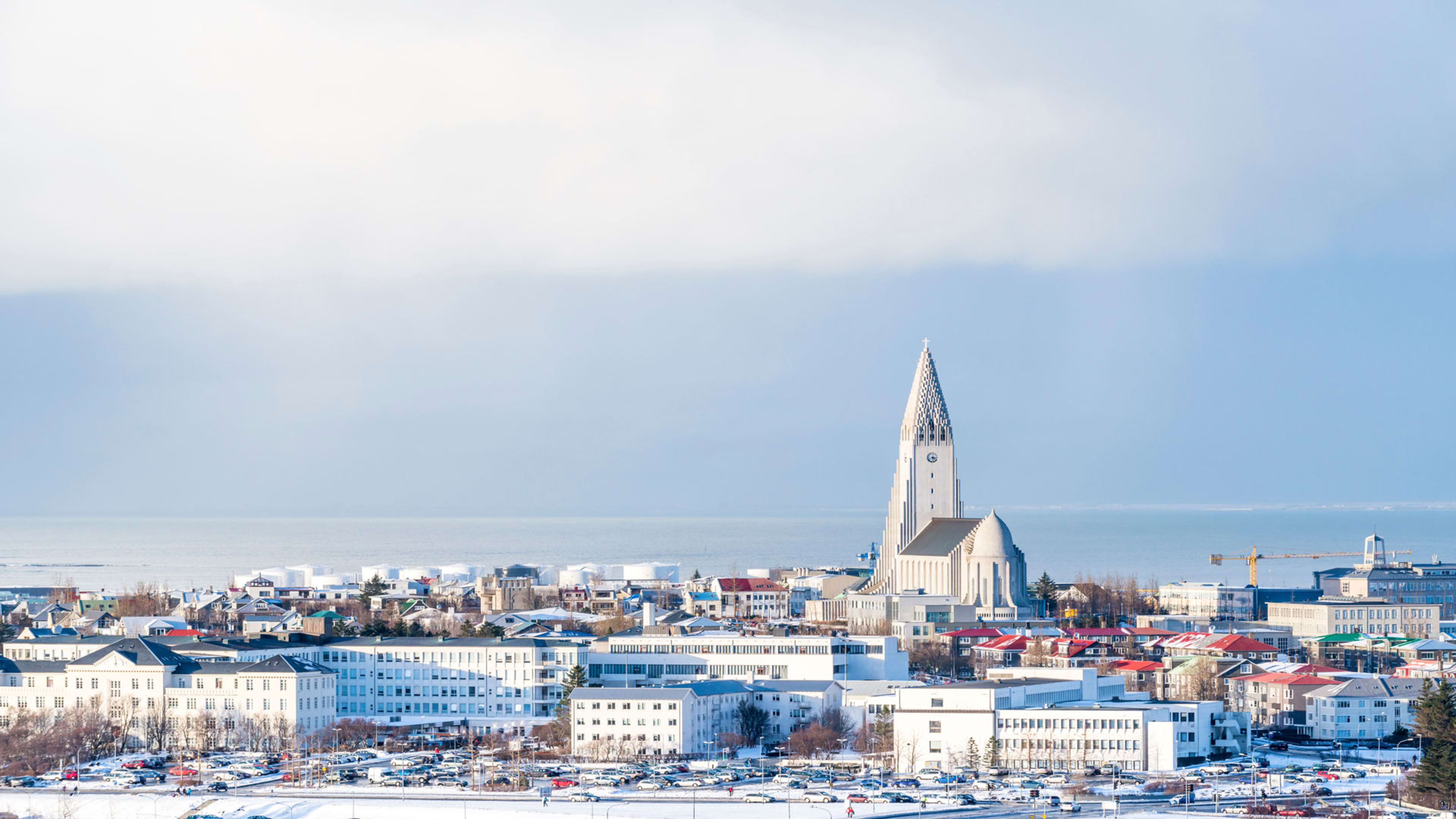 A snow covered Reykjavík skyline with Hallgrímskirkja