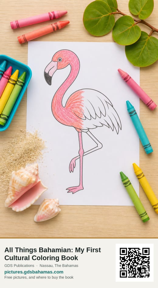 Crayons and a part-coloured flamingo drawing on a light wooden table.