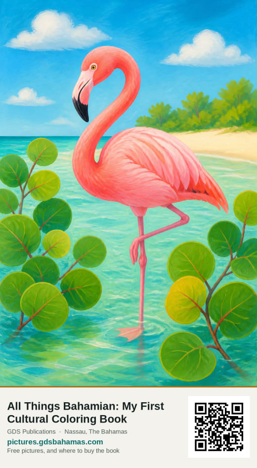 A bright painterly flamingo standing in shallow turquoise water among green sea grape leaves.