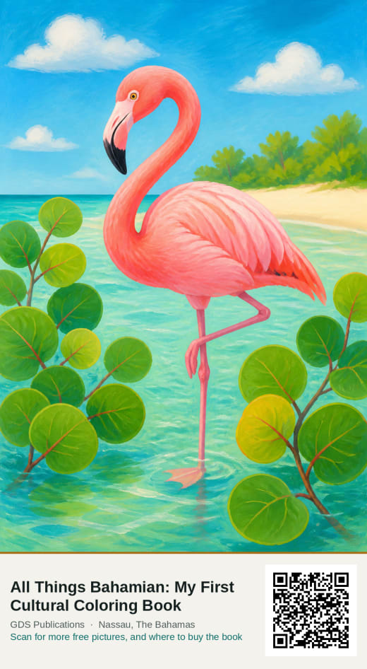 A bright painterly flamingo standing in shallow turquoise water among green sea grape leaves.