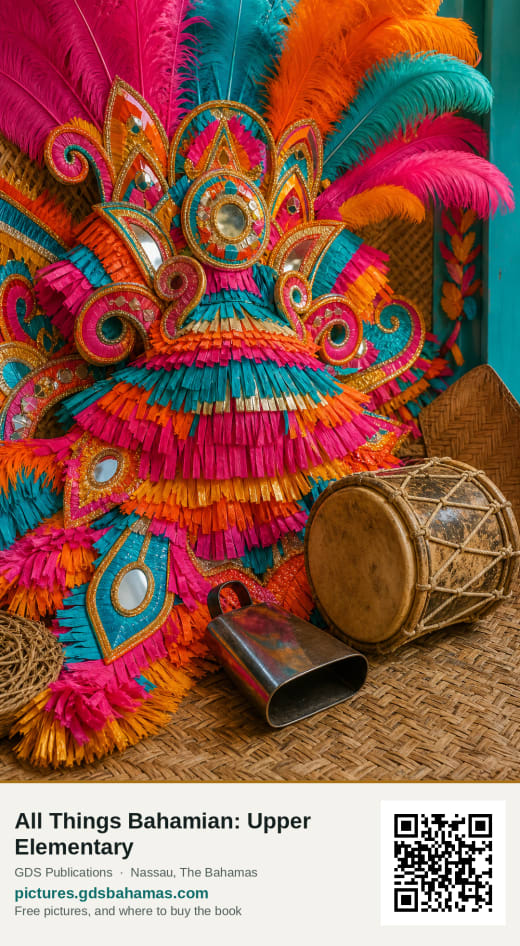 A close-up of a Junkanoo costume in fringed crepe paper, beside a goatskin drum and a cowbell.