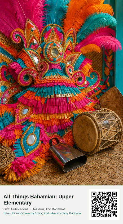 A close-up of a Junkanoo costume in fringed crepe paper, beside a goatskin drum and a cowbell.
