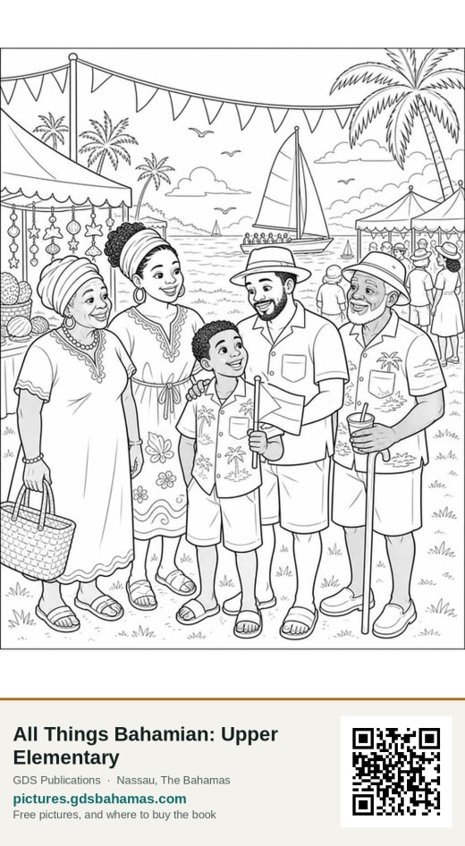 A colouring page: a family standing together at an island festival by the water.